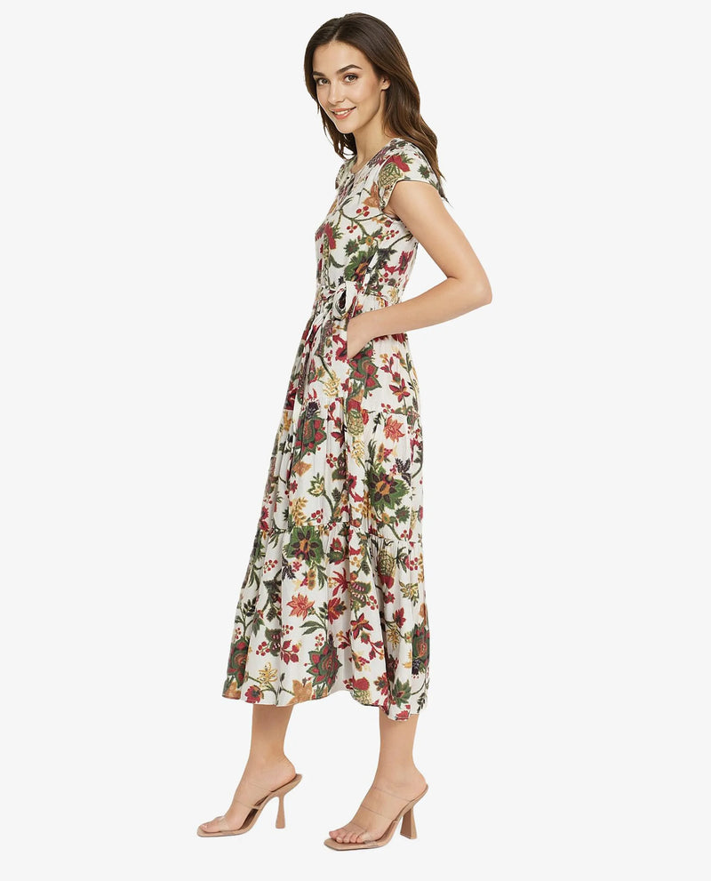 Rareism Women Tosa Multi Cap Sleeves V-Neck Button Closure Fit And Flare Midi Floral Print Dress