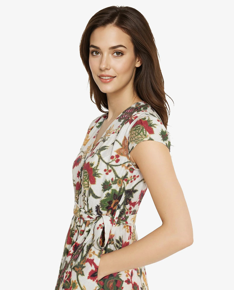 Rareism Women Tosa Multi Cap Sleeves V-Neck Button Closure Fit And Flare Midi Floral Print Dress