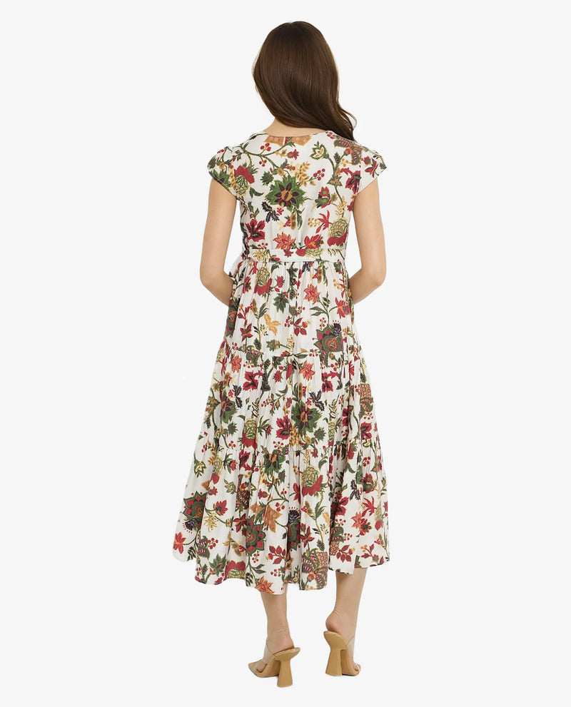 Rareism Women Tosa Multi Cap Sleeves V-Neck Button Closure Fit And Flare Midi Floral Print Dress