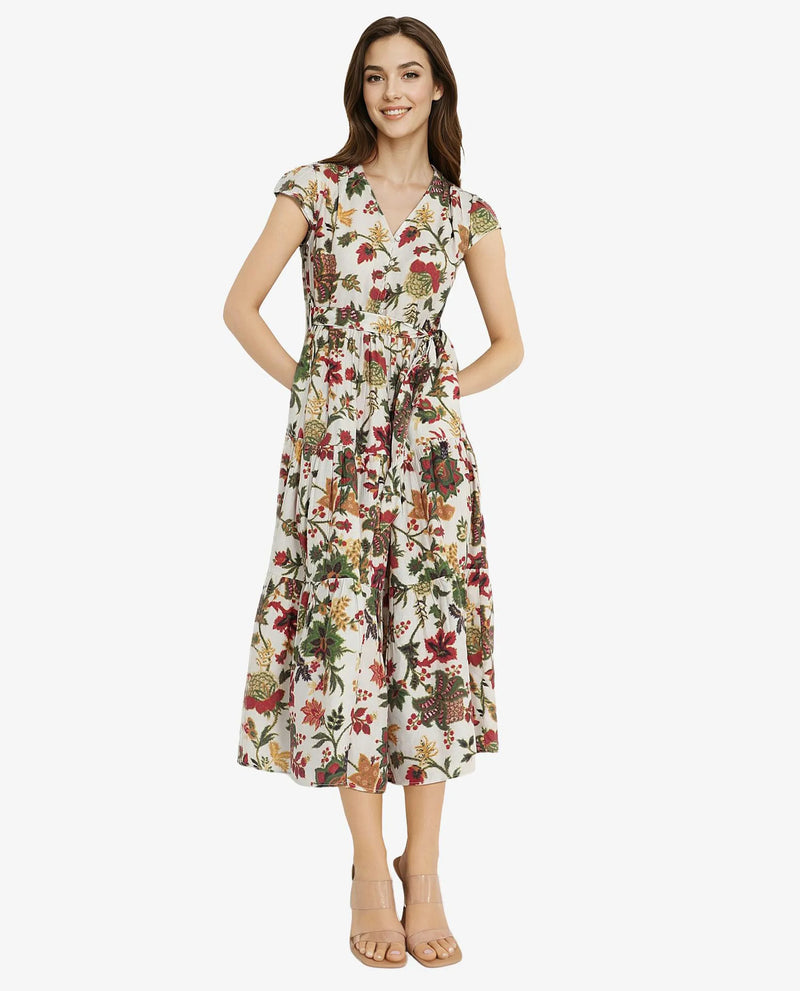 Rareism Women Tosa Multi Cap Sleeves V-Neck Button Closure Fit And Flare Midi Floral Print Dress