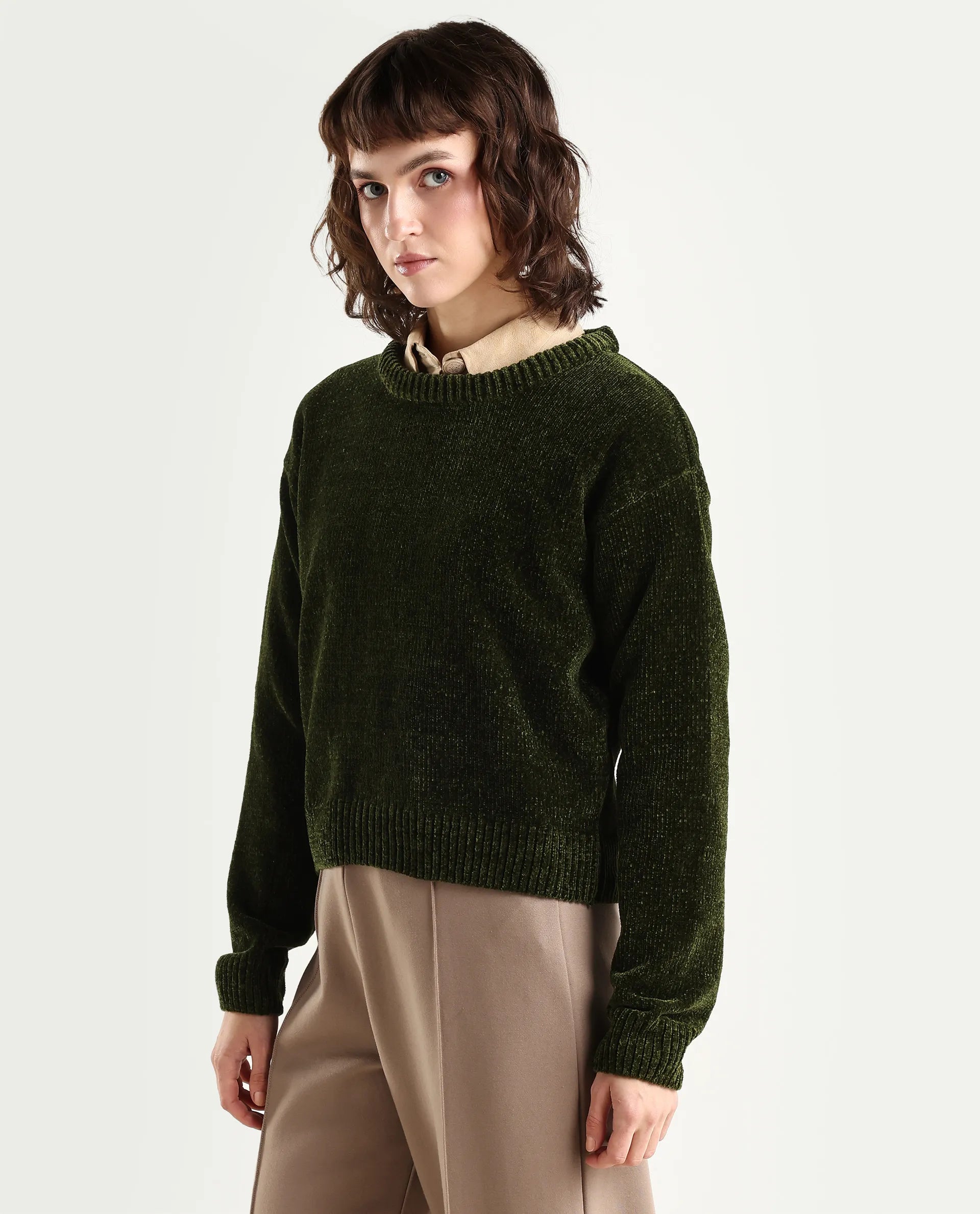 Rareism Women's Tosta Dark Olive Acrylic Crew Neck Relaxed Fit Plain Sweater