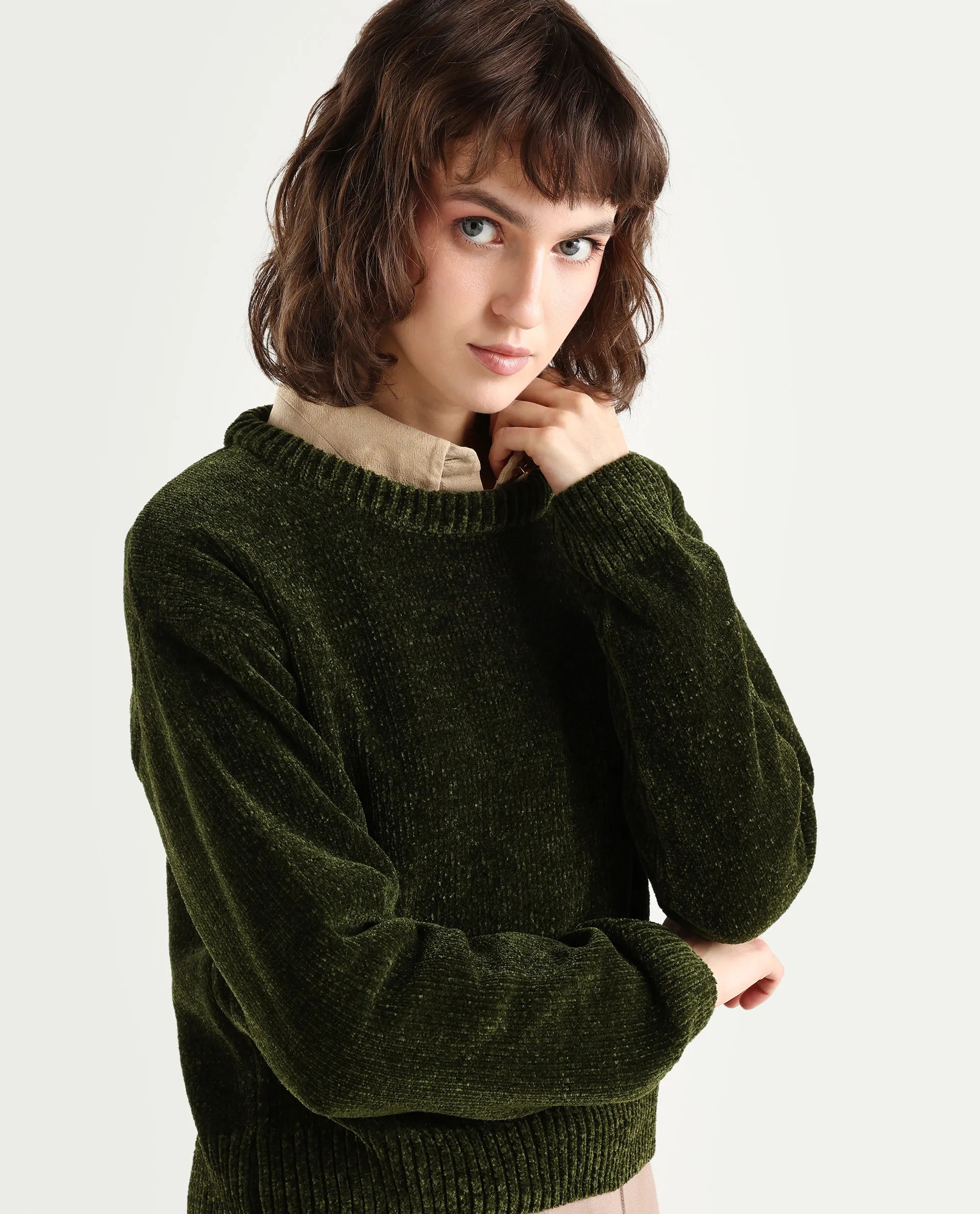 Rareism Women's Tosta Dark Olive Acrylic Crew Neck Relaxed Fit Plain Sweater