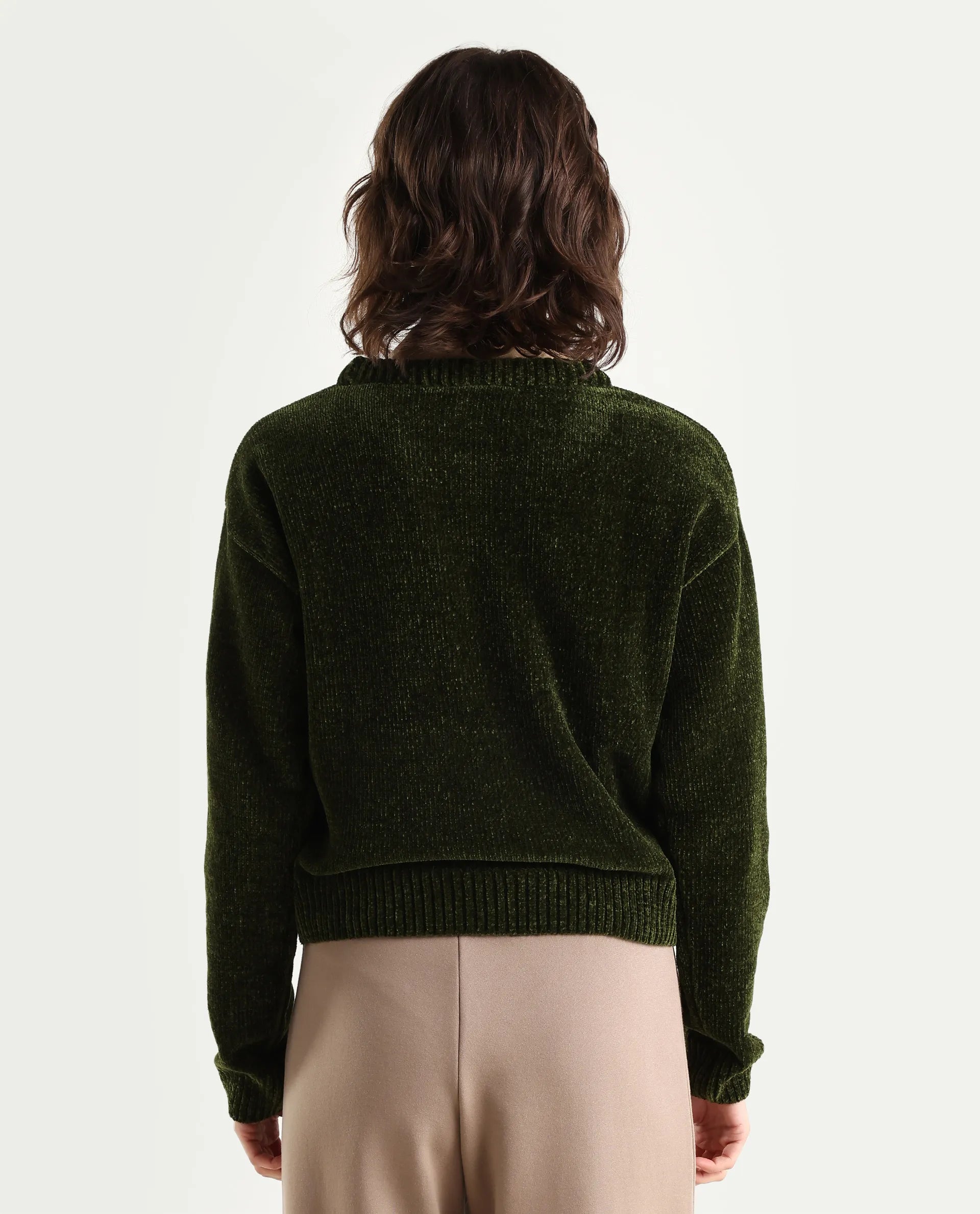 Rareism Women's Tosta Dark Olive Acrylic Crew Neck Relaxed Fit Plain Sweater