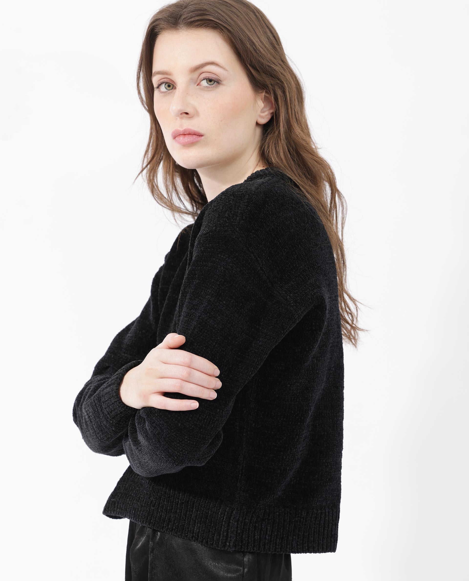 Rareism Women's Tosti Black Cotton Crew Neck Plain Regular Fit Sweater