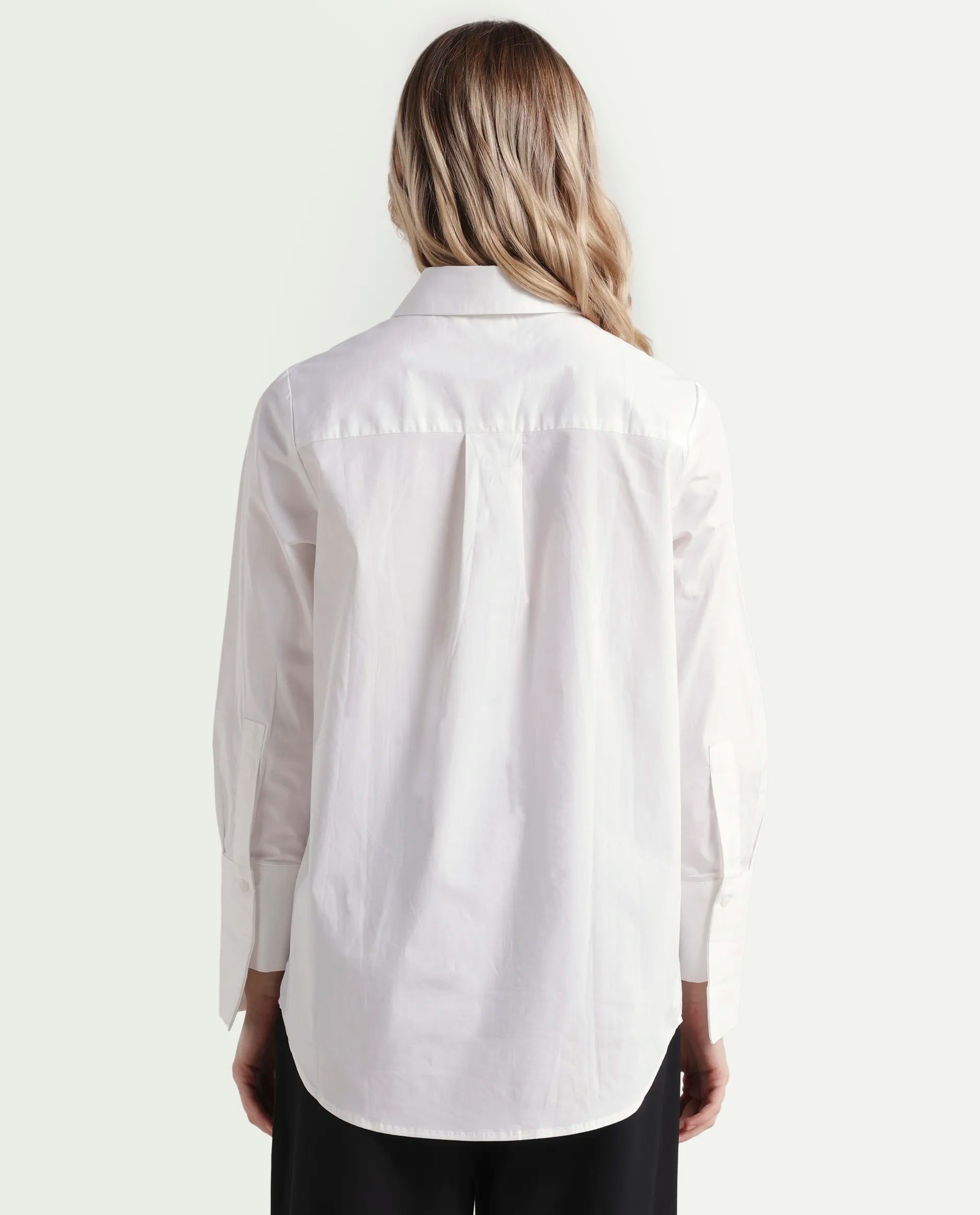 Rareism Women's Tottori White Drop Collar Plain Cuffed Sleeve Relaxed Fit Shirt