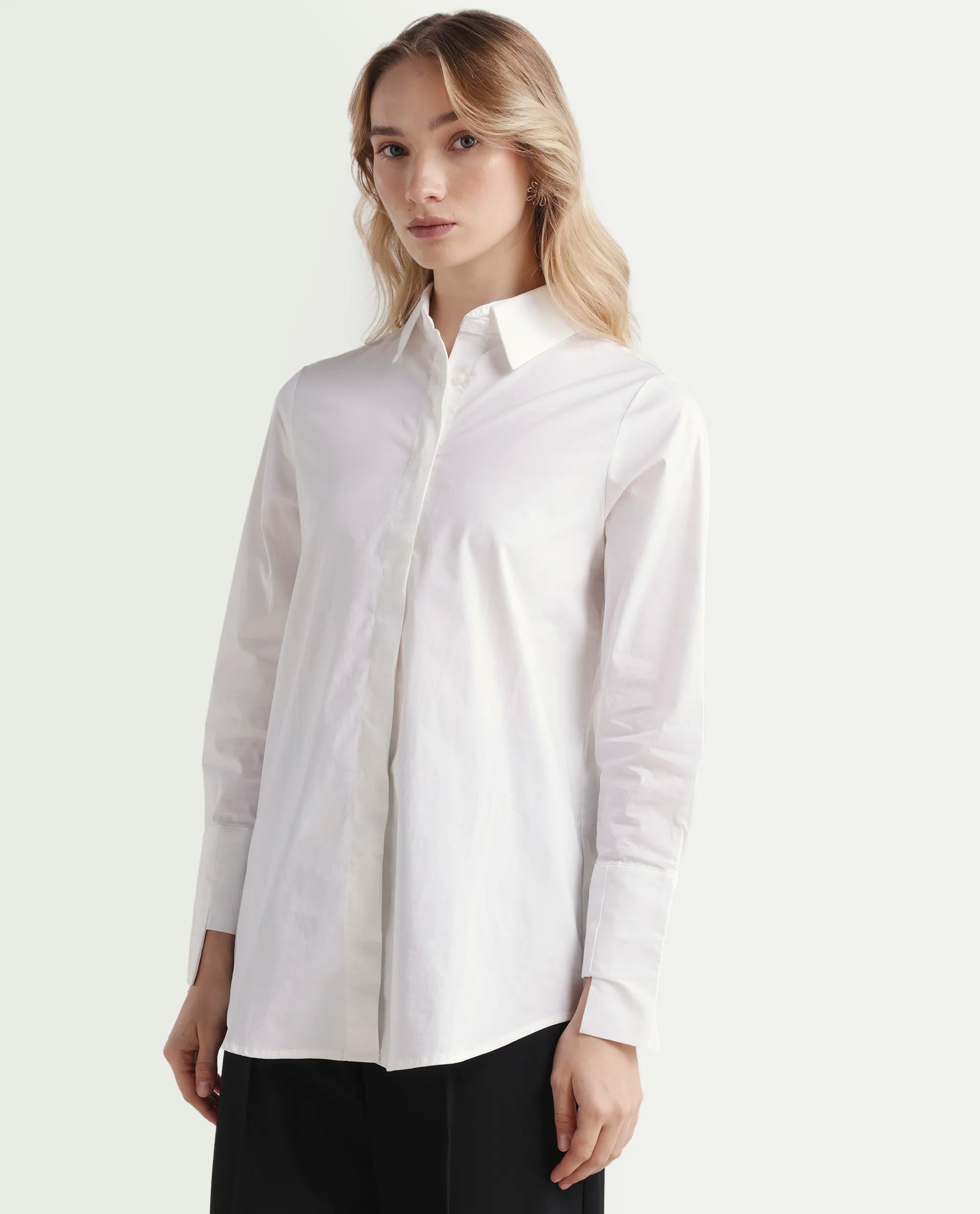 Rareism Women's Tottori White Drop Collar Plain Cuffed Sleeve Relaxed Fit Shirt