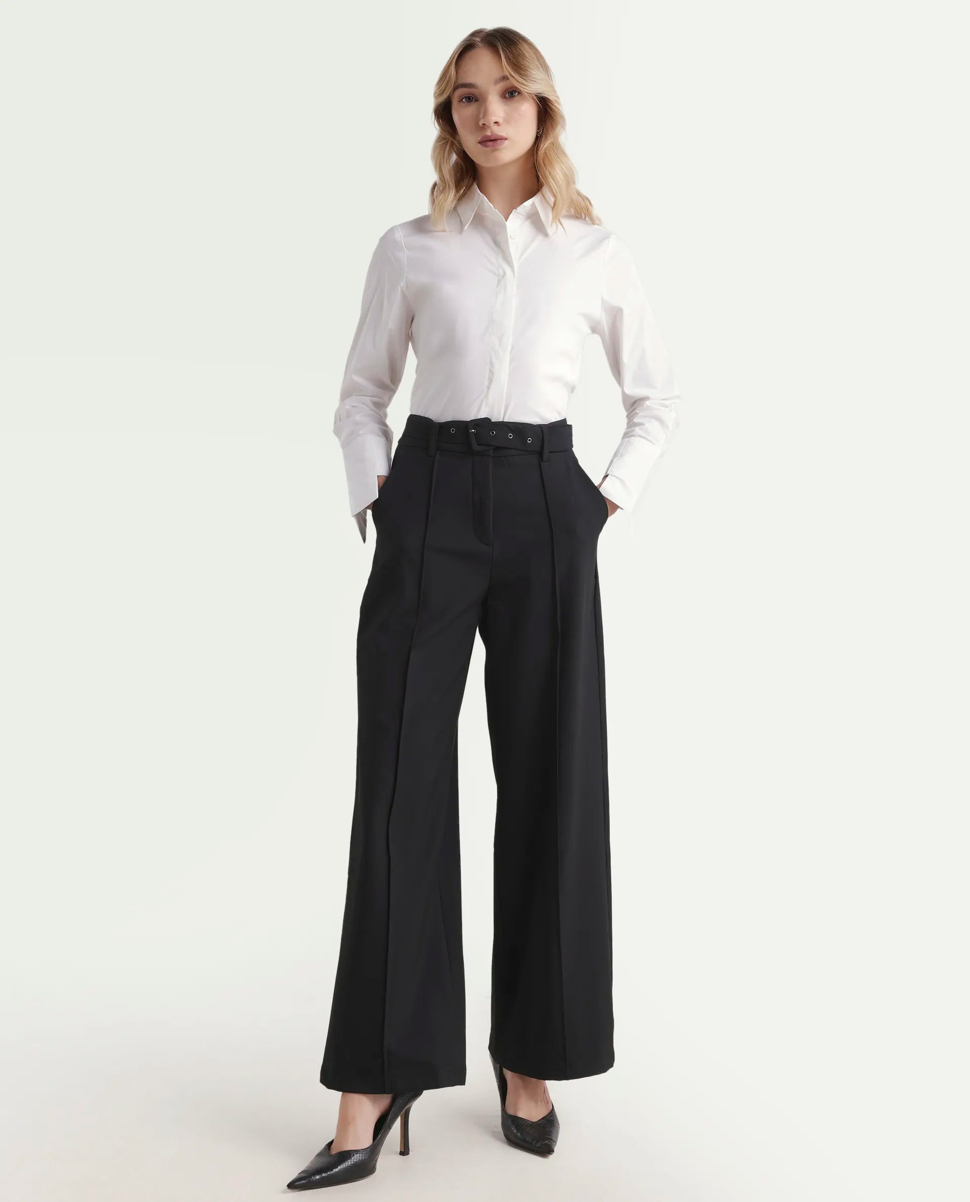 Rareism Women's Tottori White Drop Collar Plain Cuffed Sleeve Relaxed Fit Shirt