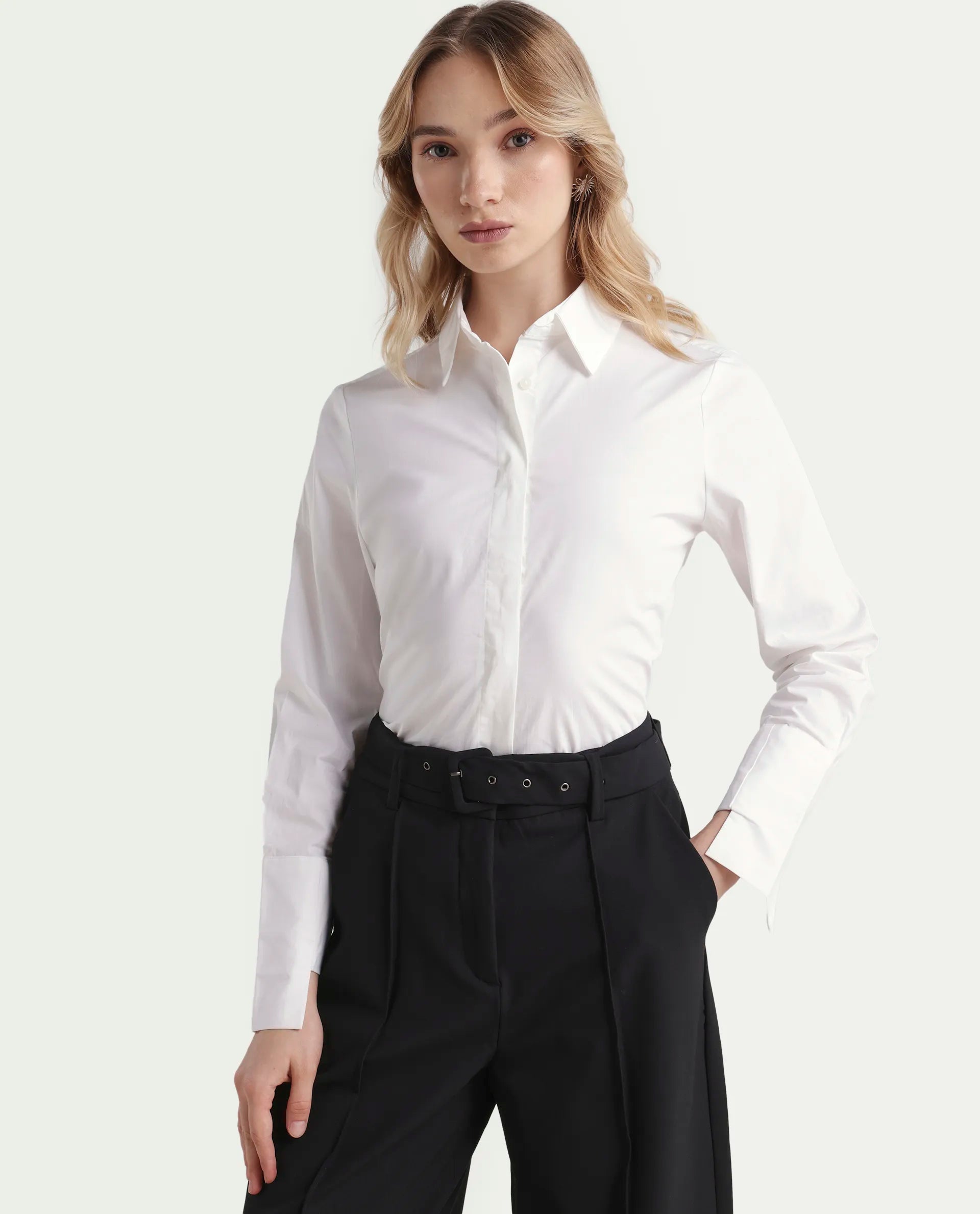 Rareism Women's Tottori White Drop Collar Plain Cuffed Sleeve Relaxed Fit Shirt