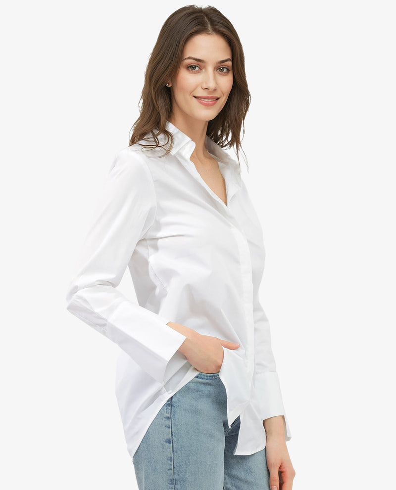 Rareism Women Tottori White Cotton Fabric Full Sleeve Collared Neck   Solid Shirt