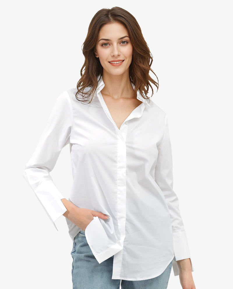 Rareism Women Tottori White Cotton Fabric Full Sleeve Collared Neck   Solid Shirt