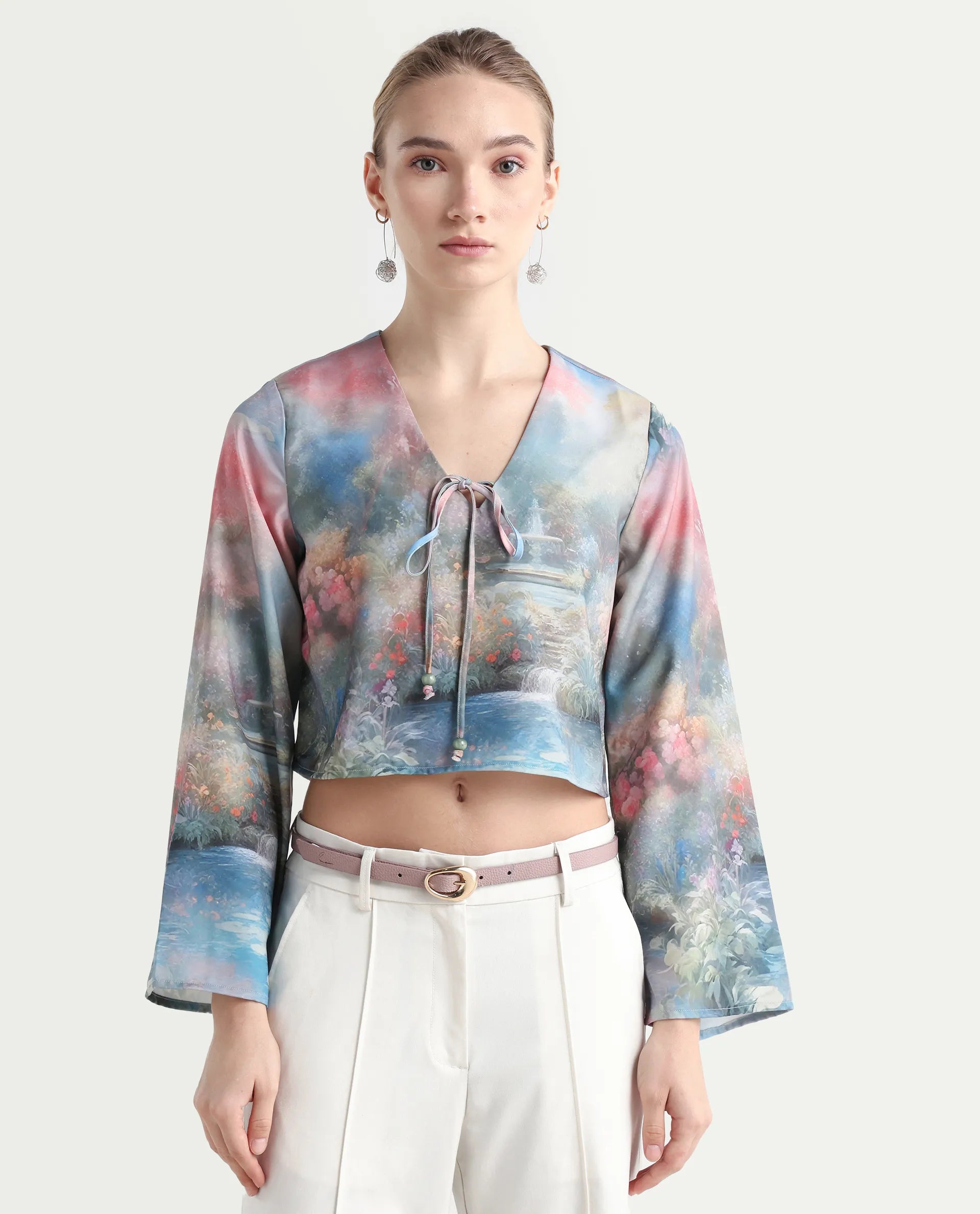 Rareism Women's Toulon Multi Satin V-Neck Abstract Print Bell Sleeve Crop Regular Fit Top