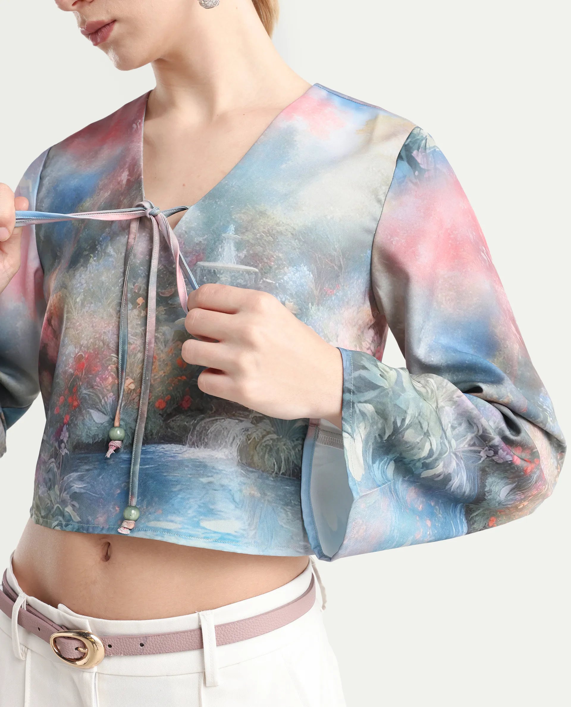 Rareism Women's Toulon Multi Satin V-Neck Abstract Print Bell Sleeve Crop Regular Fit Top