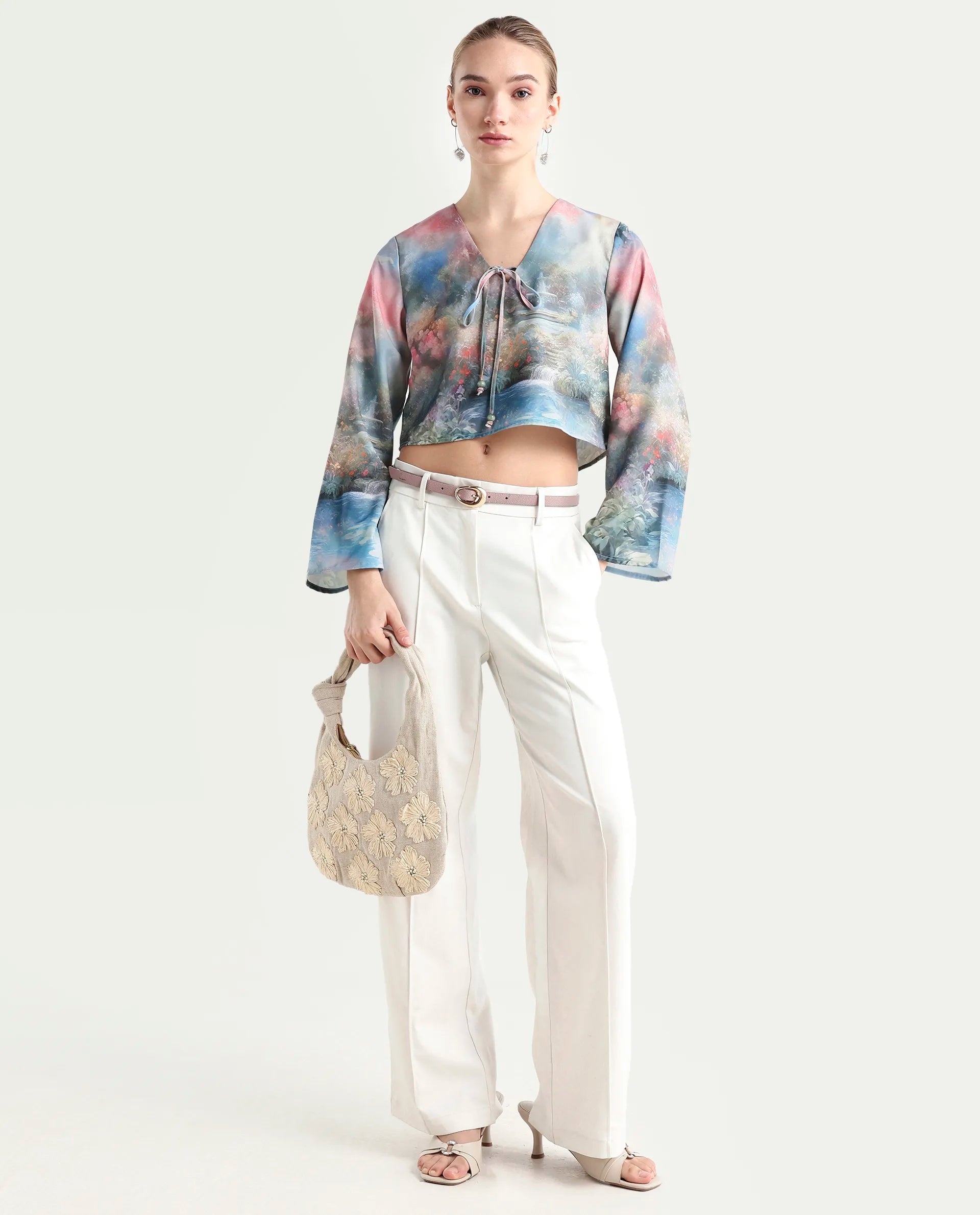 Rareism Women's Toulon Multi Satin V-Neck Abstract Print Bell Sleeve Crop Regular Fit Top