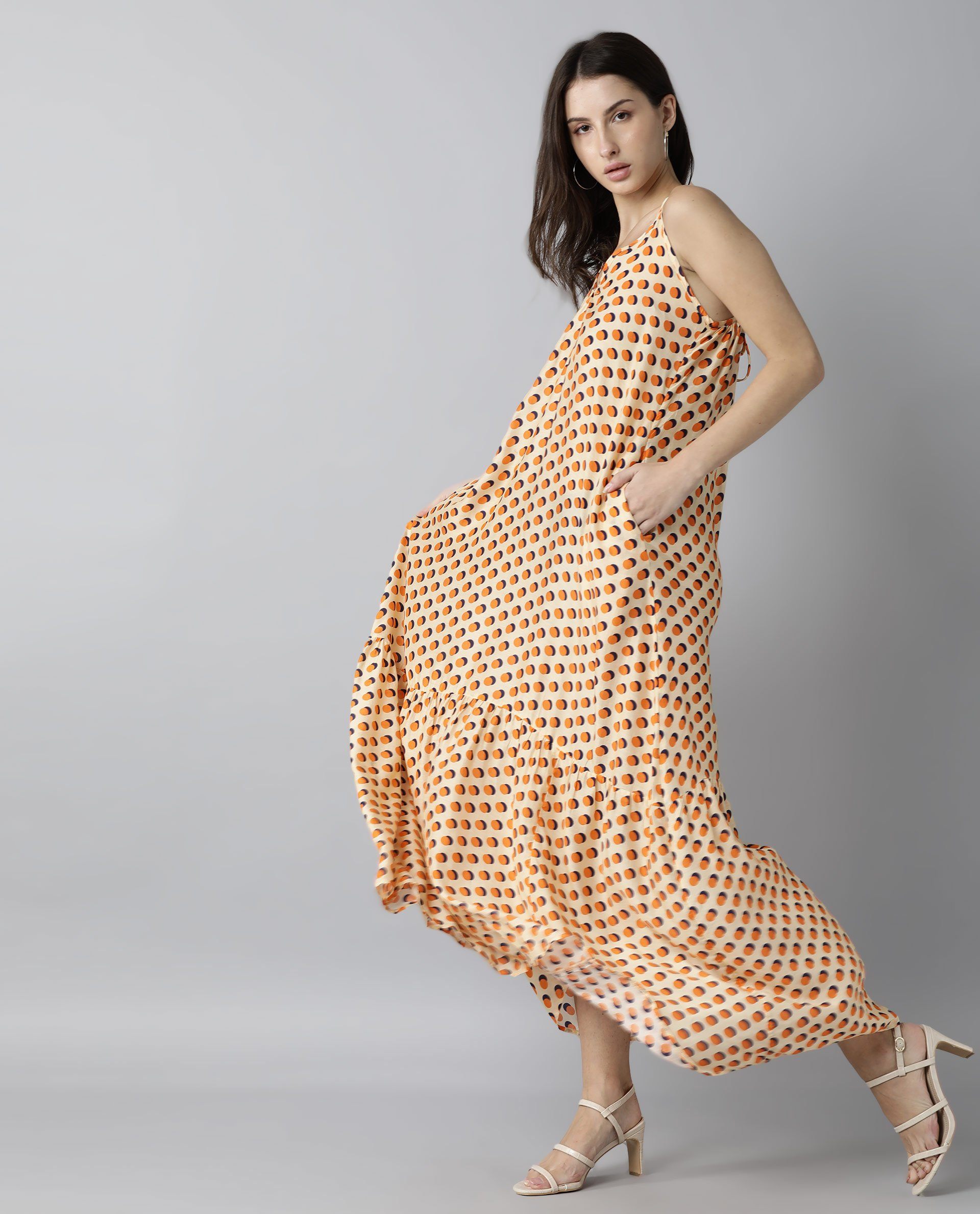 Rareism Women Tou Orange Dress Sleeveless Printed