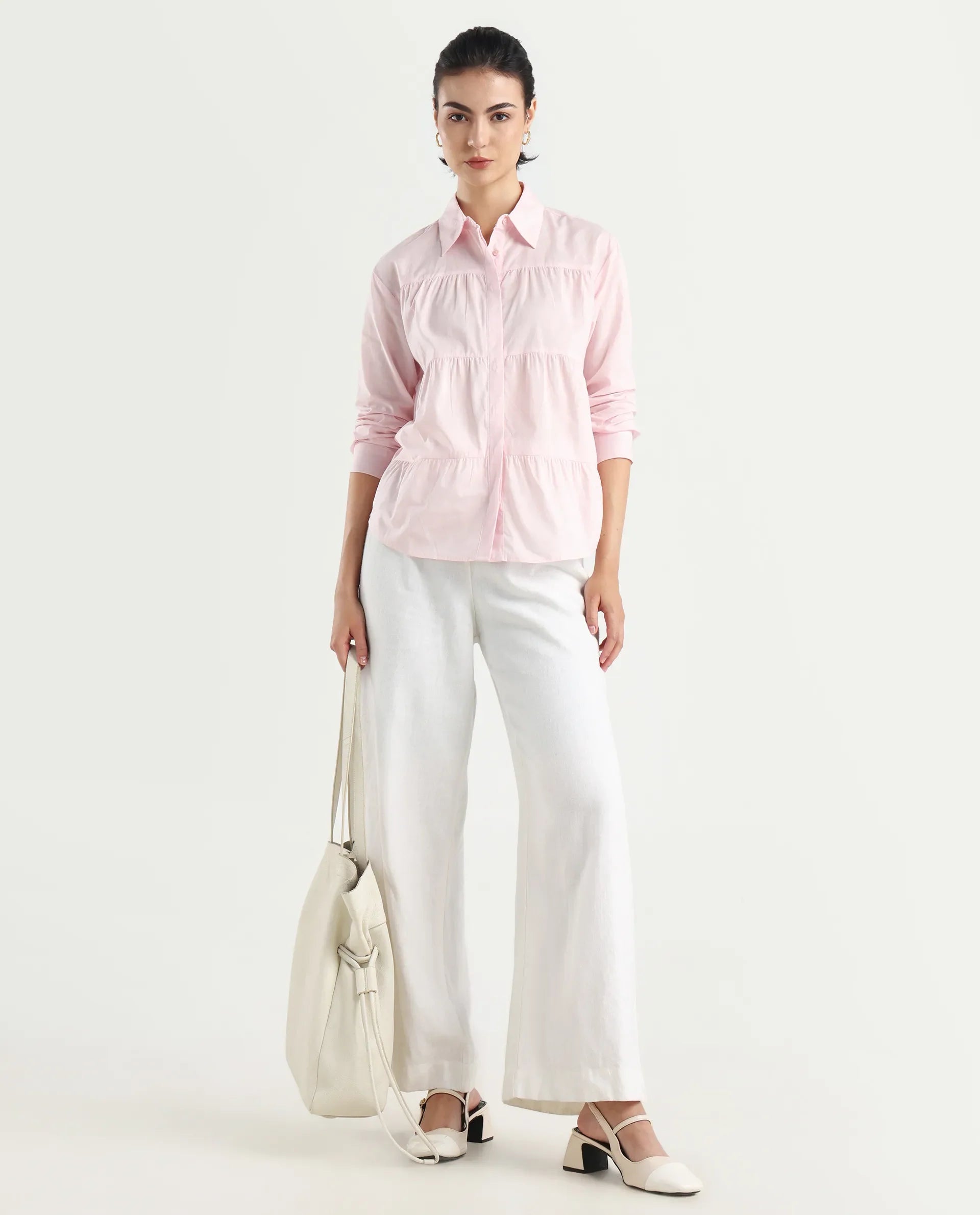 Rareism Women's Towol Light Pink Cotton Spread Collar Plain Cuffed Sleeve Relaxed Fit Top