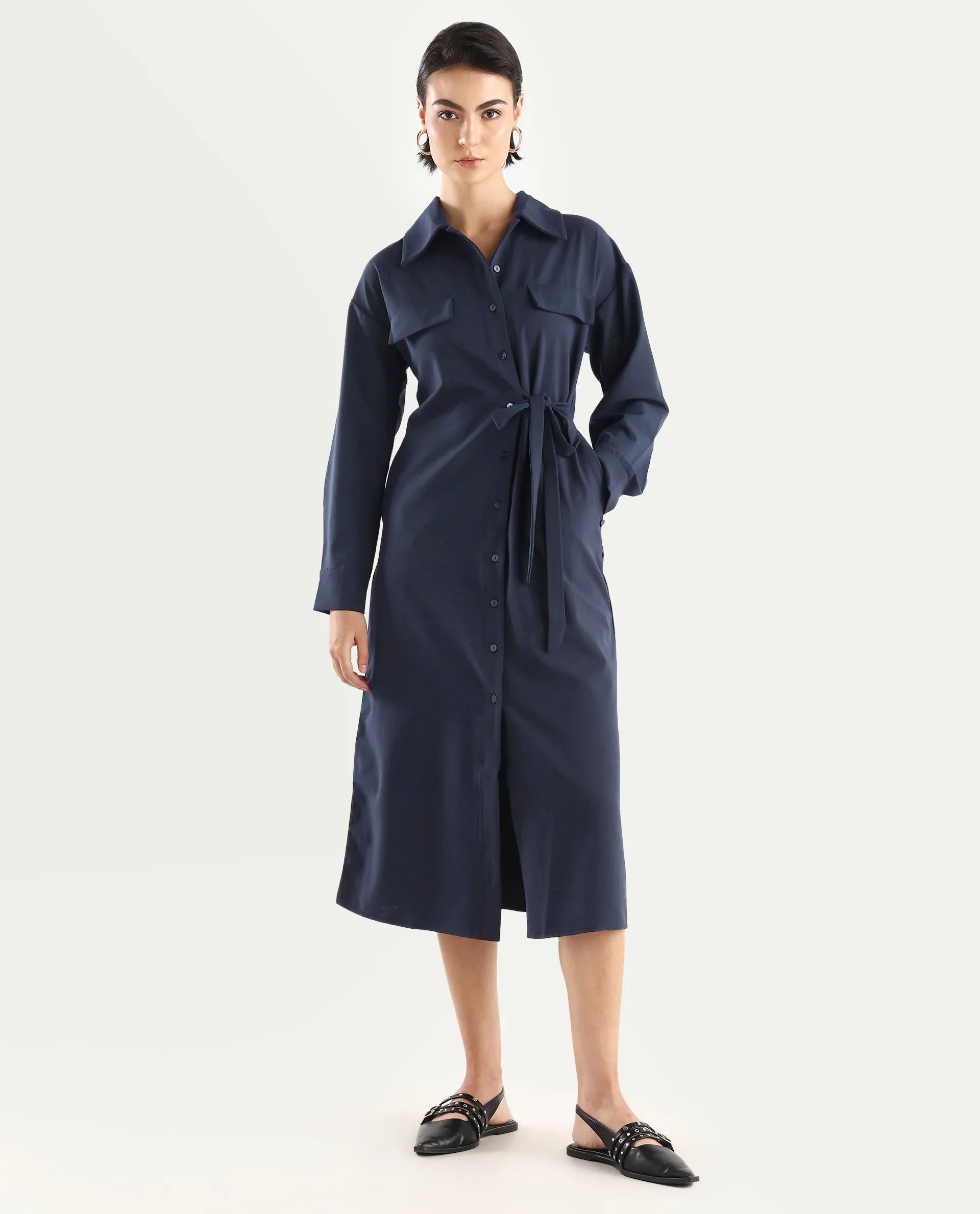 Rareism Women's Towoo Navy Drop Collar Plain Cuffed Sleeve Maxi Regular Fit Jacket