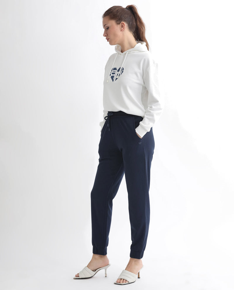 Rareism Women Terac T Navy Poly Cotton Fabric Regular Fit Solid Mid Rise Ankle Length Track Pant