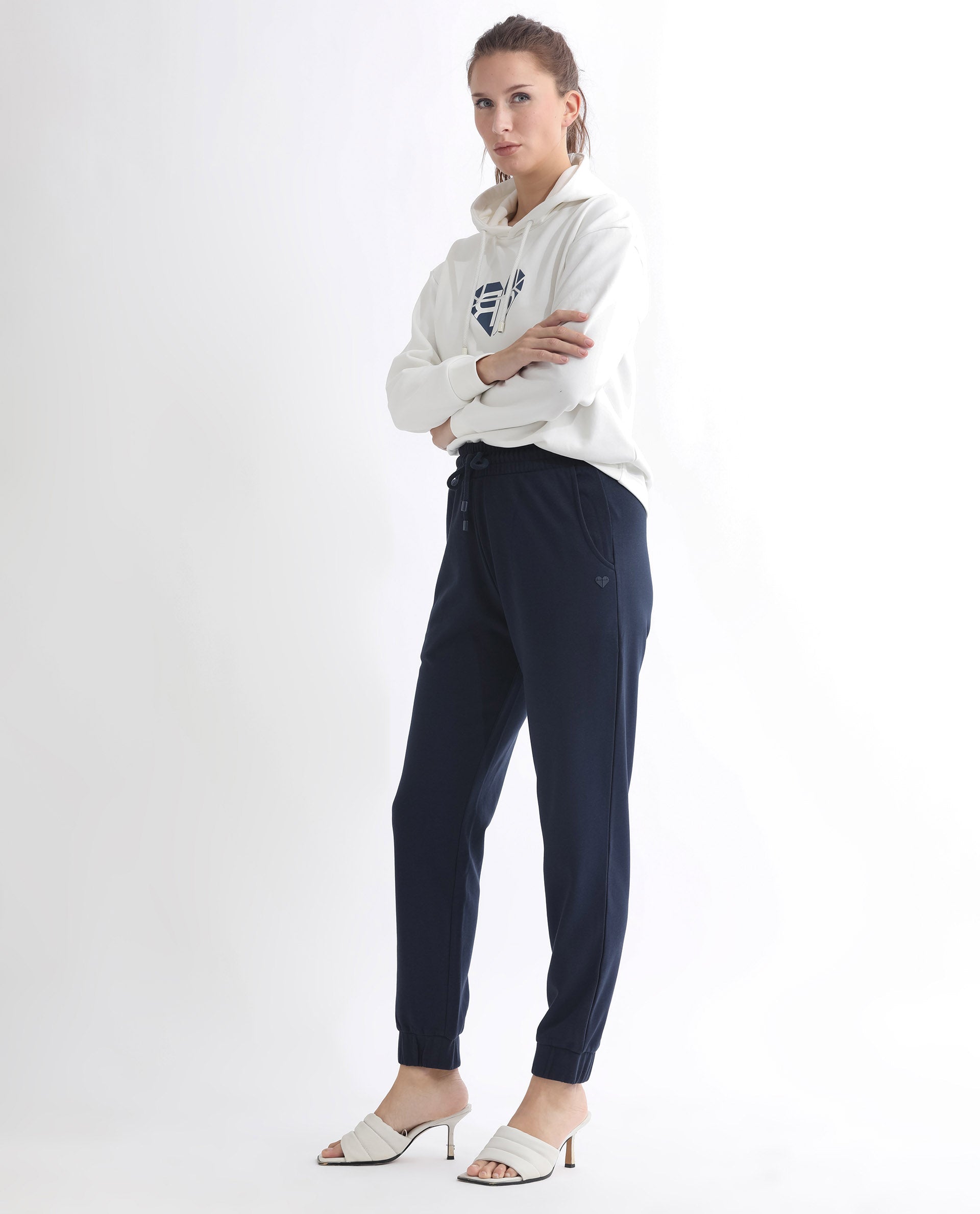 Rareism Women's Terac T Navy Polyester Blend Plain Ankle Length Regular Fit Track Pant