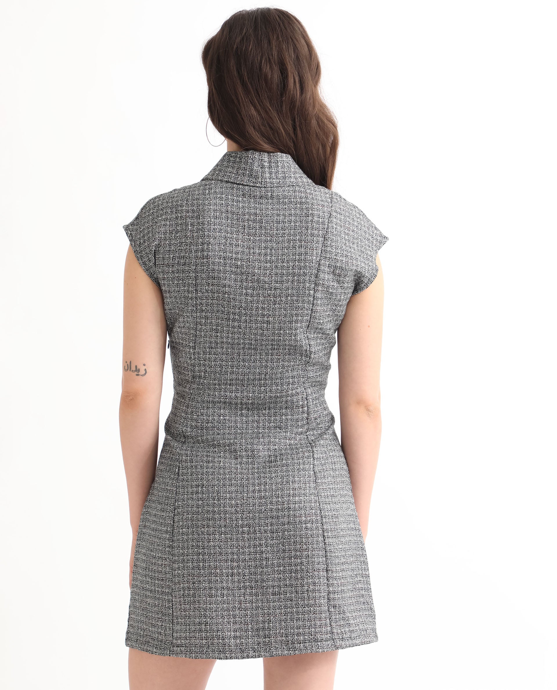Rareism Women Trafaluc Black Check Print Lapel Collar Extended Short Sleeves Overlap With Buttons Mini Dress