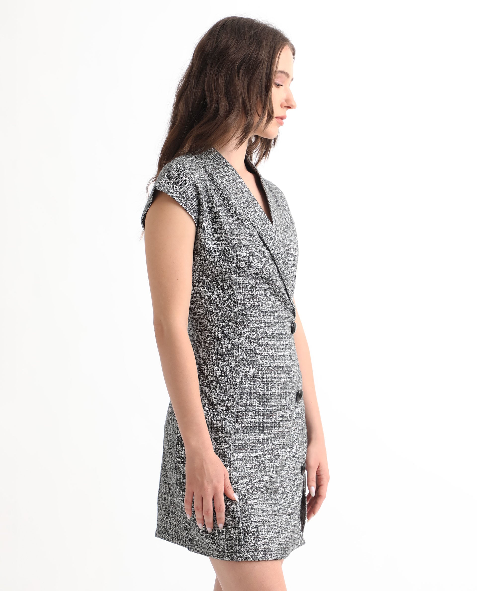 Rareism Women Trafaluc Black Check Print Lapel Collar Extended Short Sleeves Overlap With Buttons Mini Dress