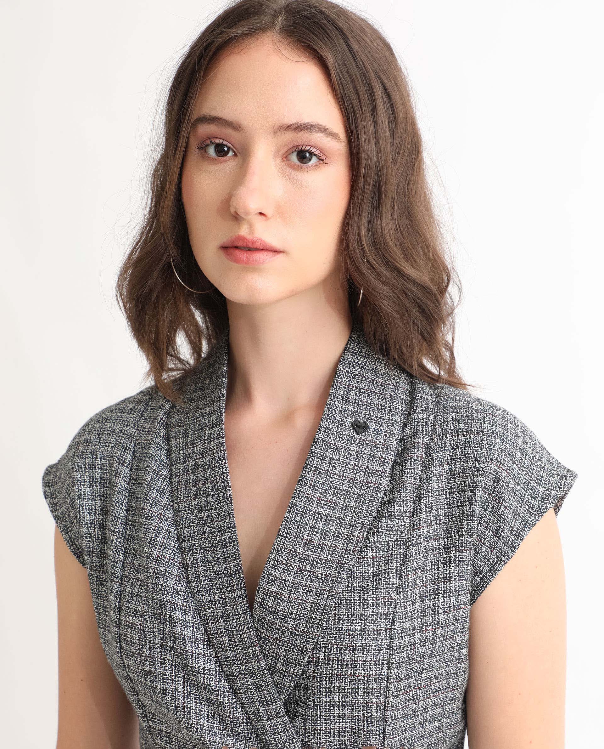 Rareism Women Trafaluc Black Check Print Lapel Collar Extended Short Sleeves Overlap With Buttons Mini Dress
