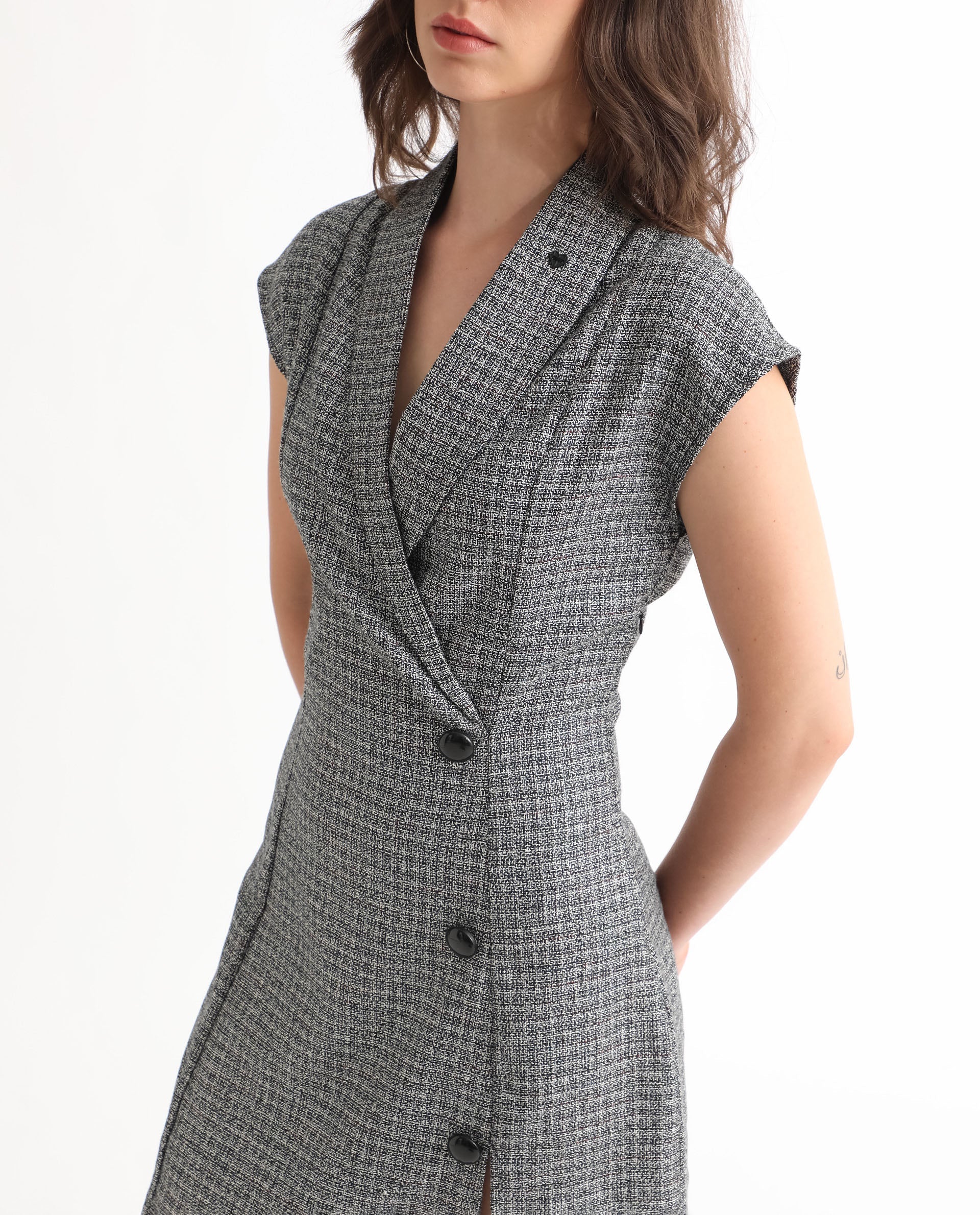 Rareism Women Trafaluc Black Check Print Lapel Collar Extended Short Sleeves Overlap With Buttons Mini Dress