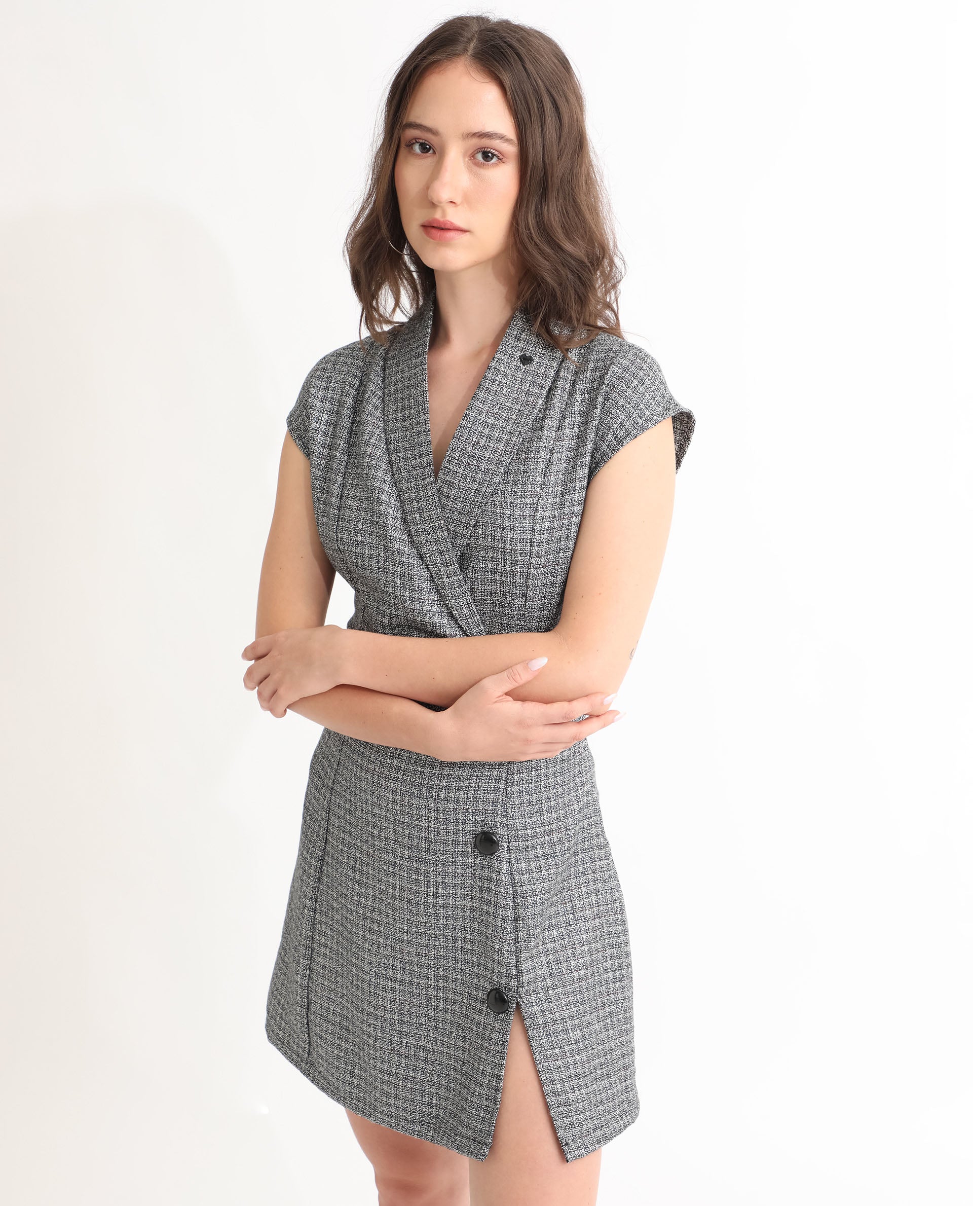 Rareism Women Trafaluc Black Check Print Lapel Collar Extended Short Sleeves Overlap With Buttons Mini Dress