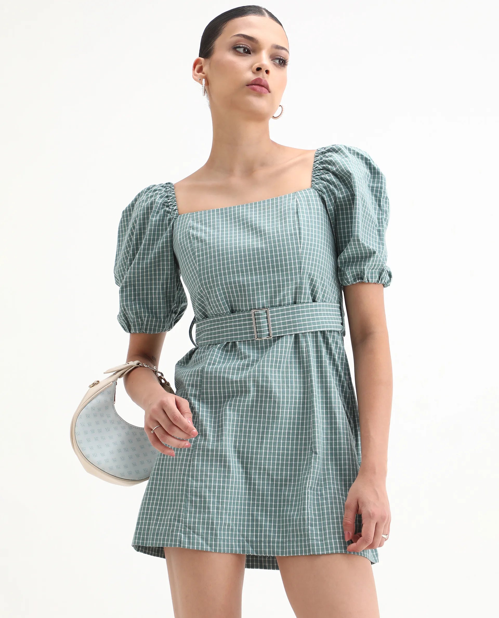 Rareism Women's Train Green Linen Square Neck Checked Puff Sleeves Mini Slim Fit Dress