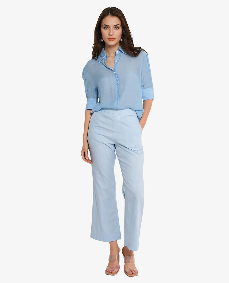 Rareism Women Trani Light Blue  Wide Leg Fit Ankle Length Plain Trouser