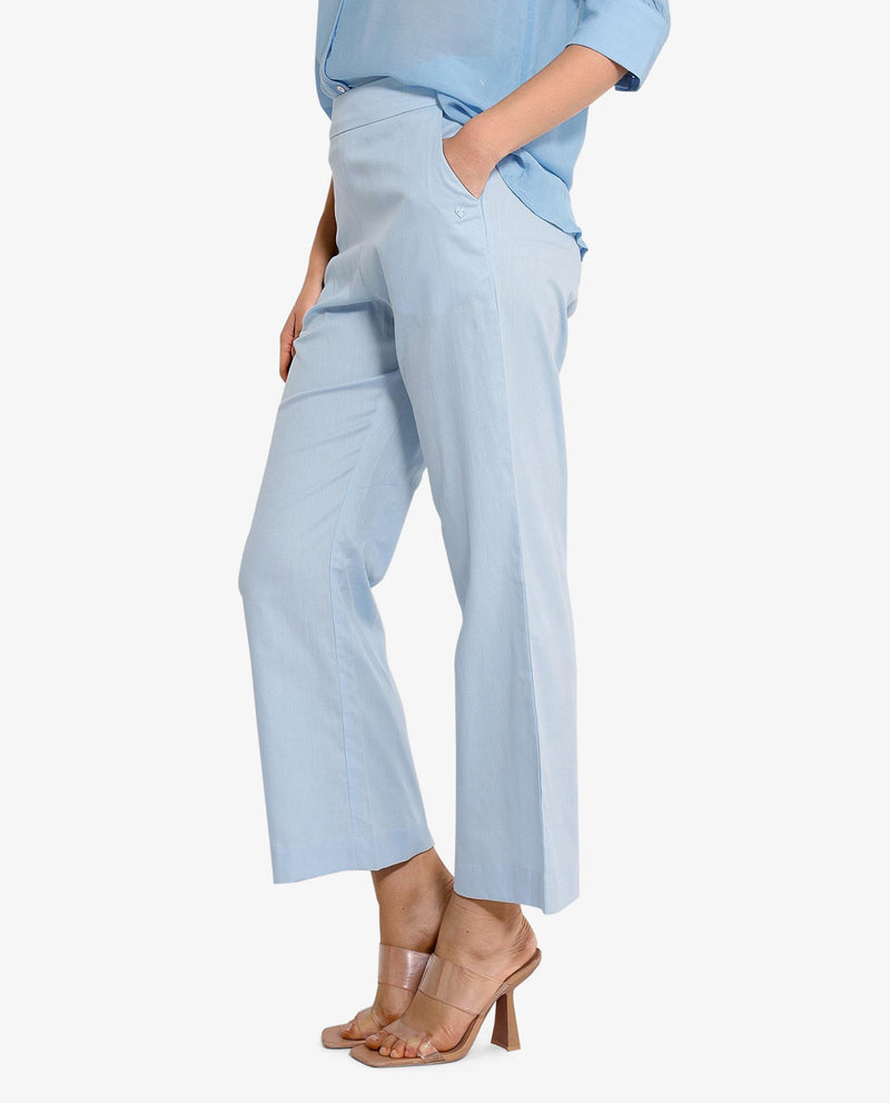 Rareism Women Trani Light Blue  Wide Leg Fit Ankle Length Plain Trouser