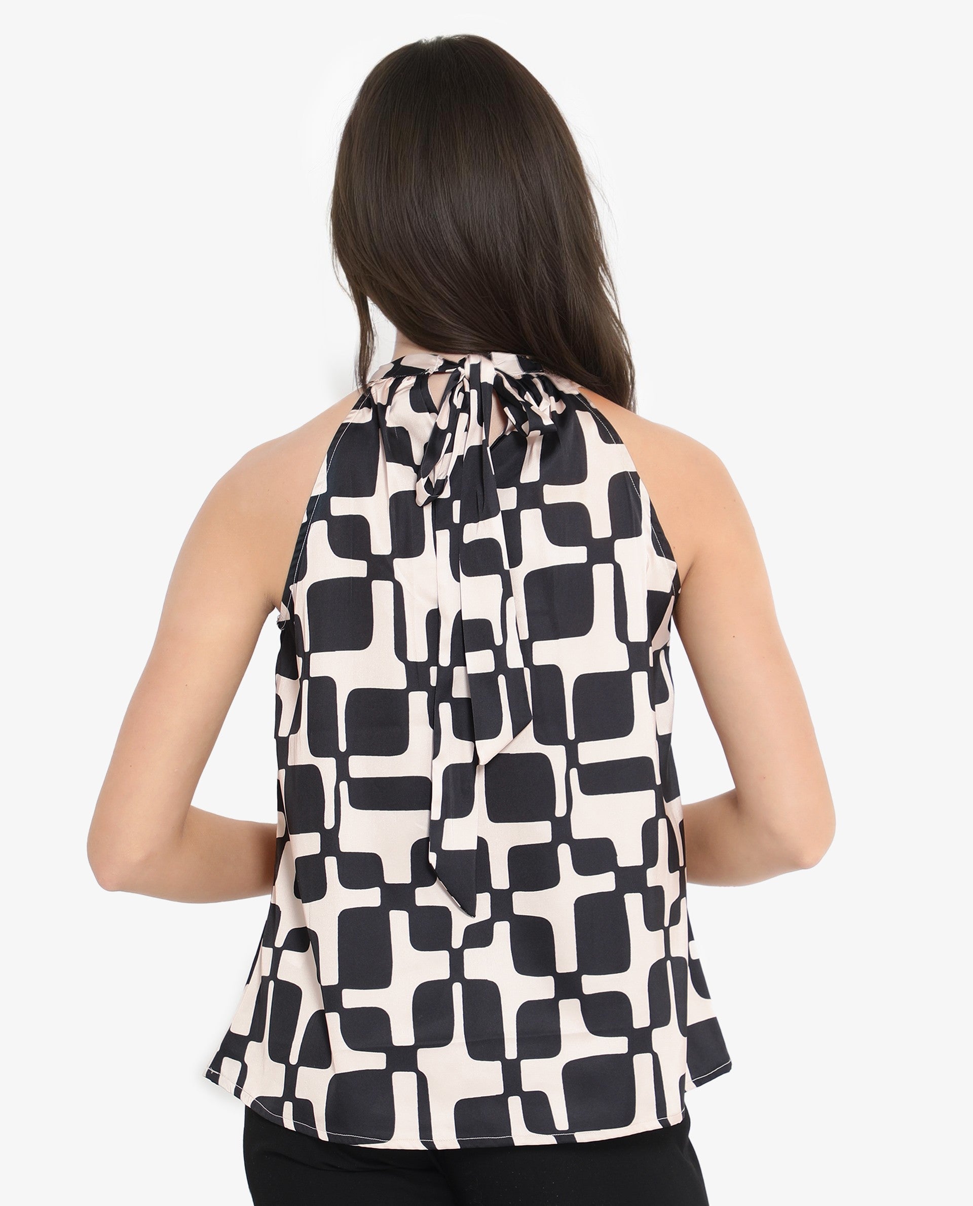 Rareism Women's Trapani Black Satin Halter Neck Abstract Print Sleeveless Regular Fit Top