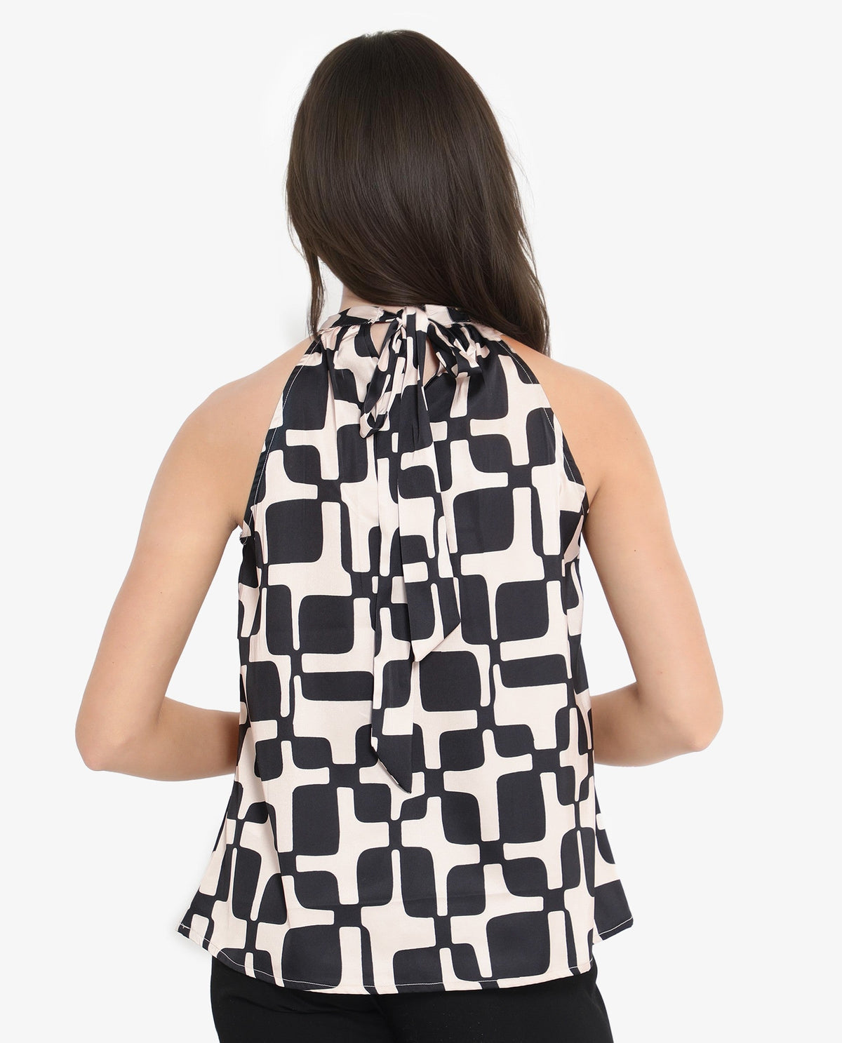 Rareism Women Trapani-SC Black Button Closure Sleeveless Halter Neck Geometric Print Top