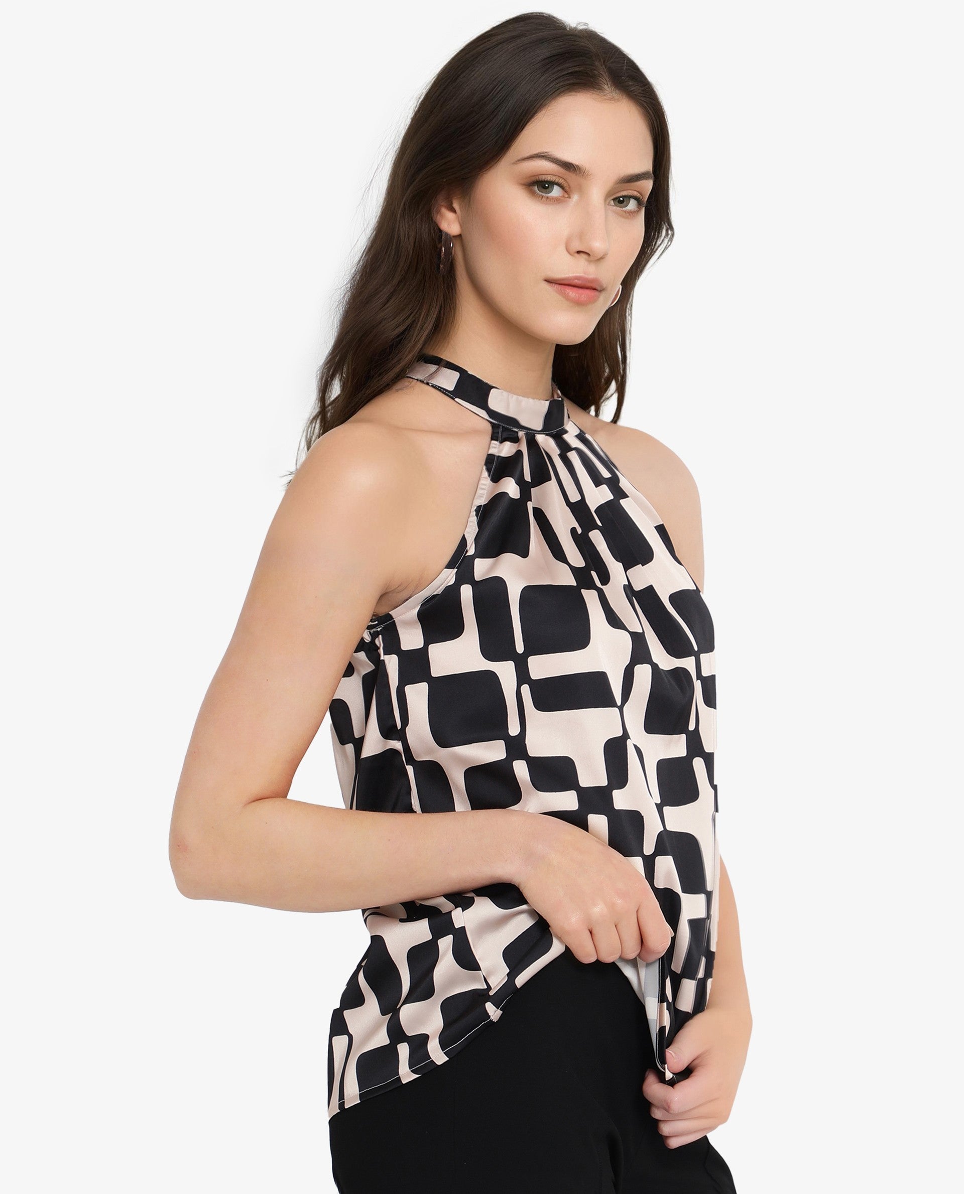 Rareism Women's Trapani Black Satin Halter Neck Abstract Print Sleeveless Regular Fit Top