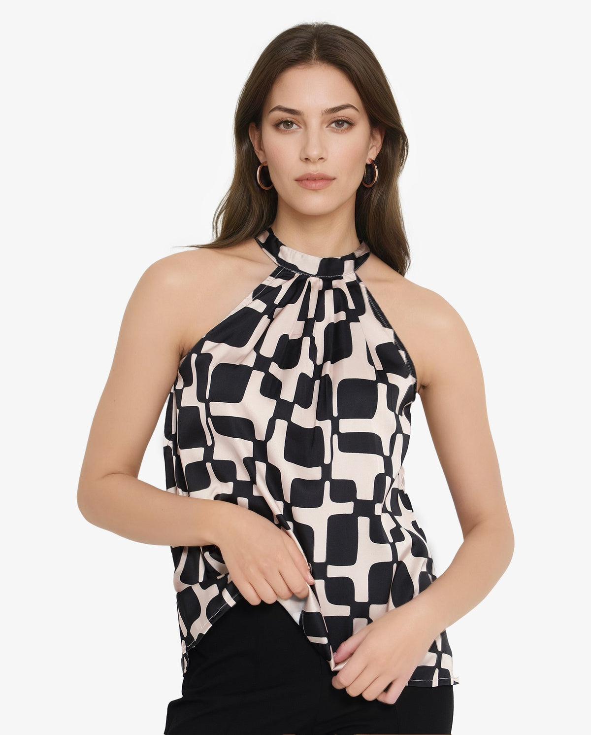 Rareism Women Trapani-SC Black Button Closure Sleeveless Halter Neck Geometric Print Top