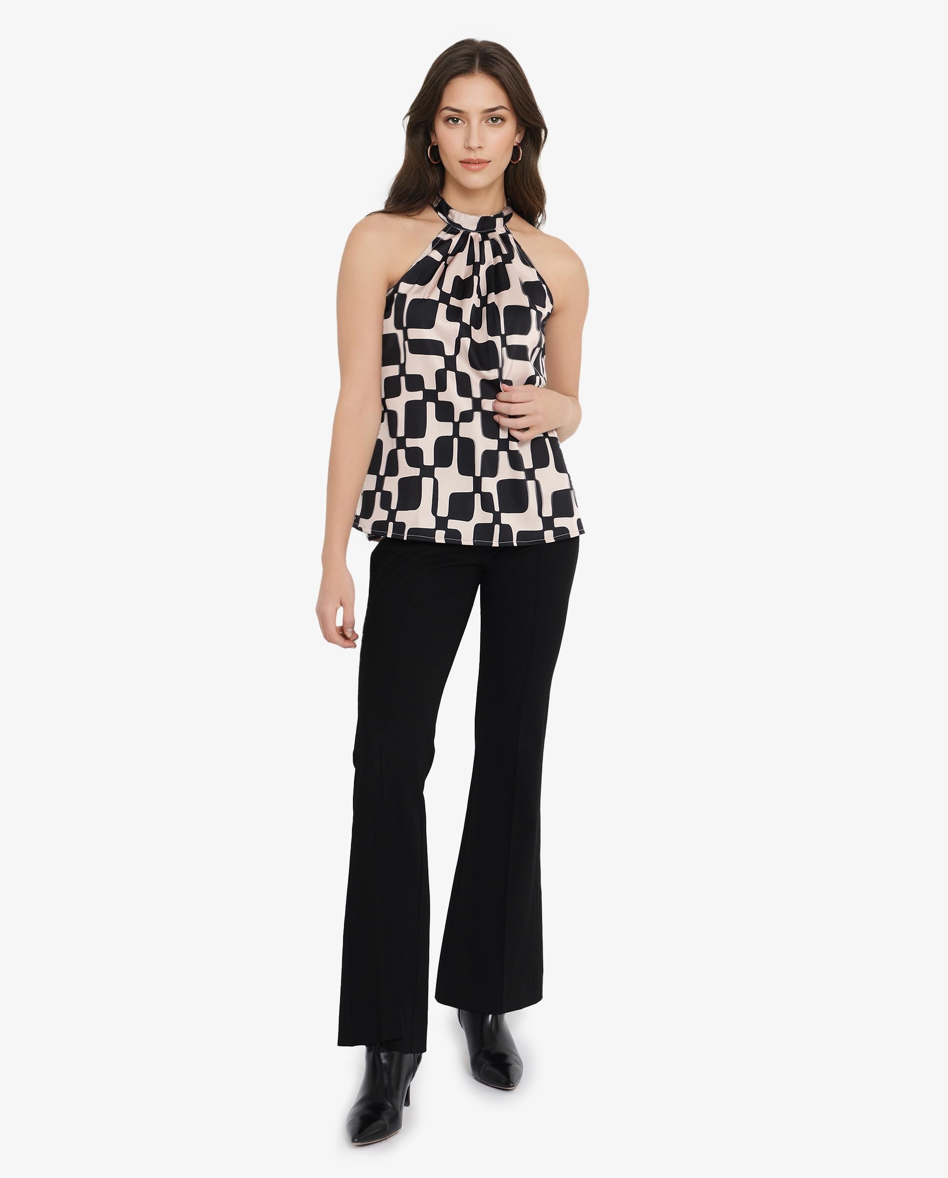 Rareism Women Trapani-SC Black Button Closure Sleeveless Halter Neck Geometric Print Top