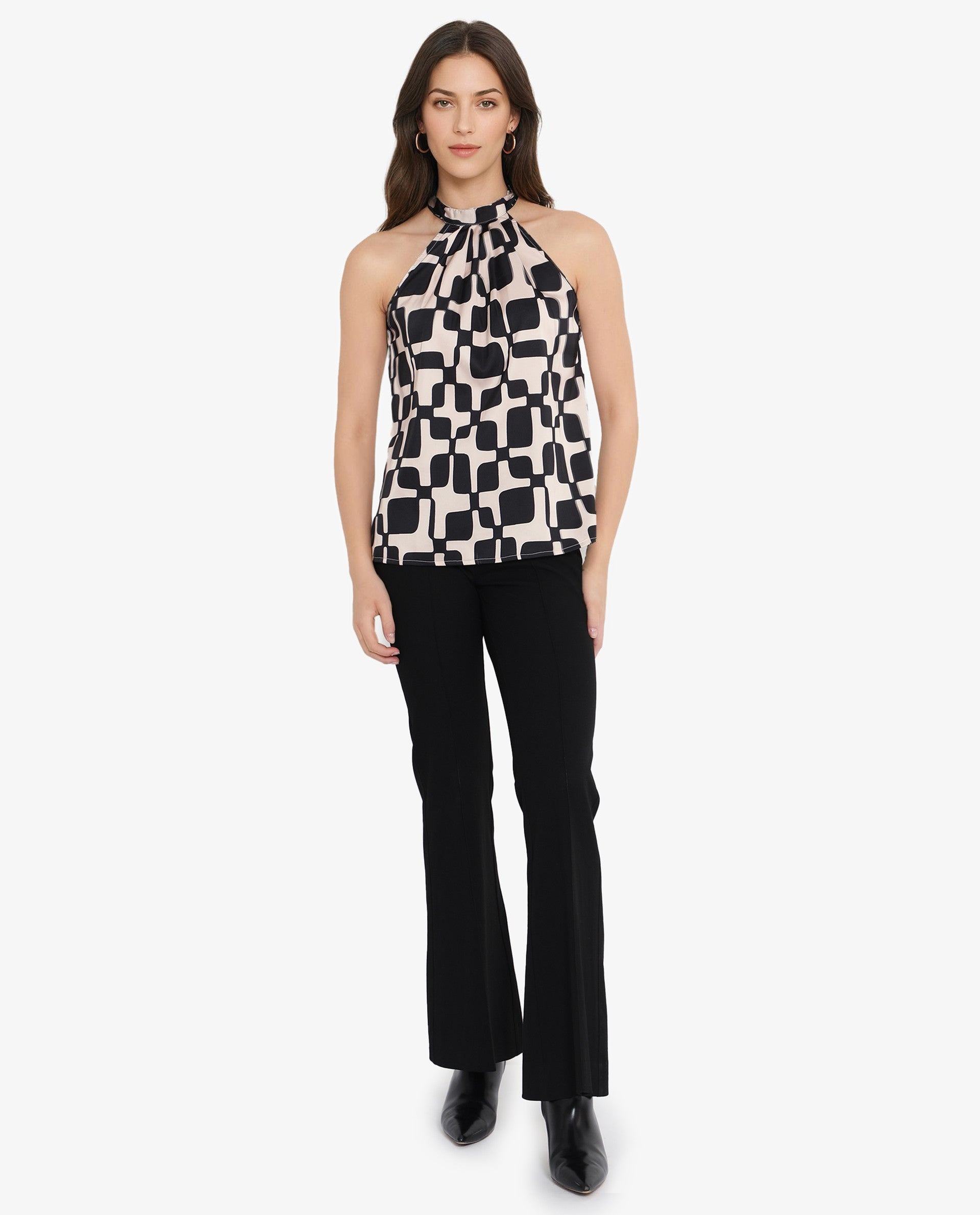Rareism Women's Trapani Black Satin Halter Neck Abstract Print Sleeveless Regular Fit Top