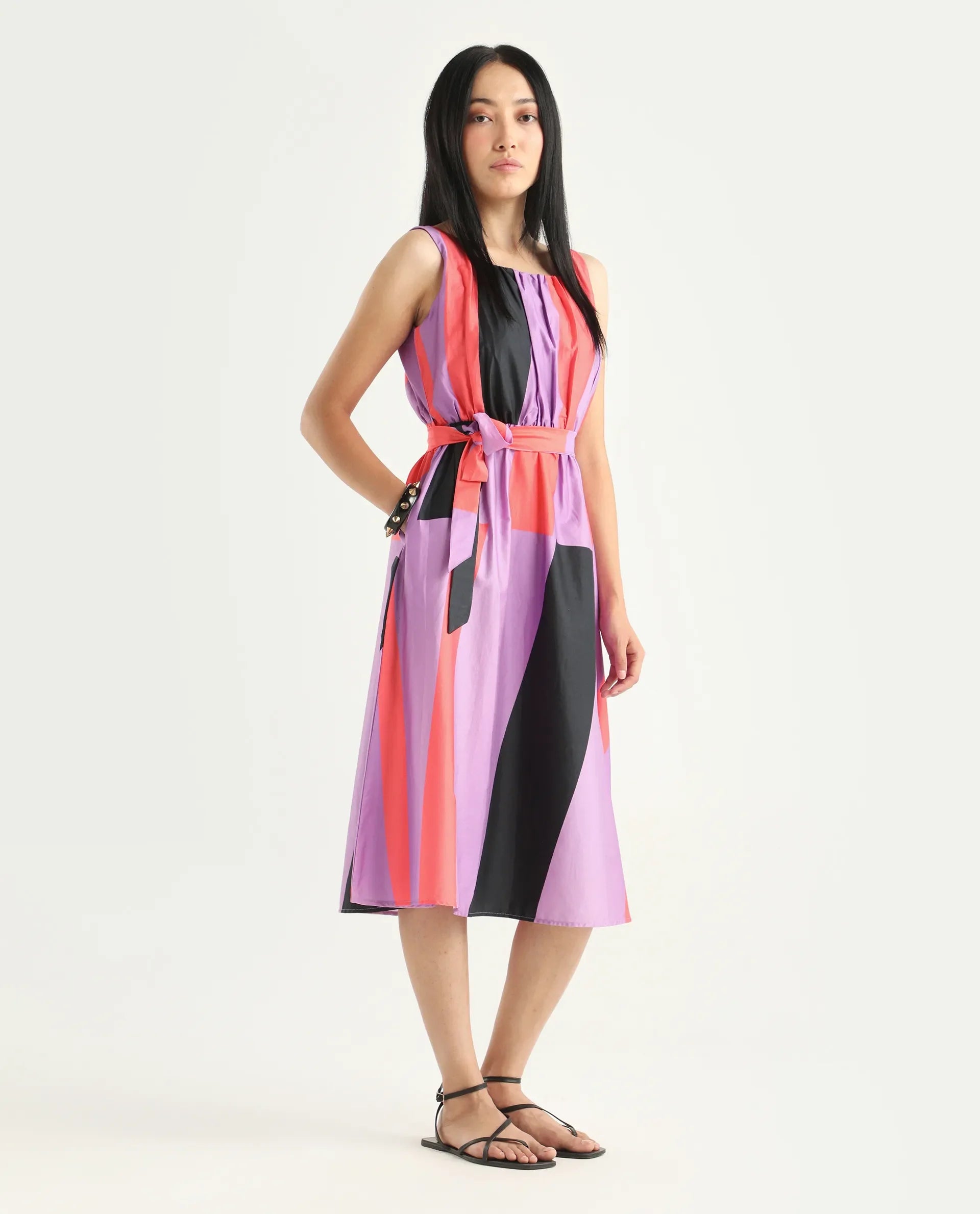 Rareism Women's Traut Purple Cotton Crew Neck Striped Sleeveless Knee Length Regular Fit Dress