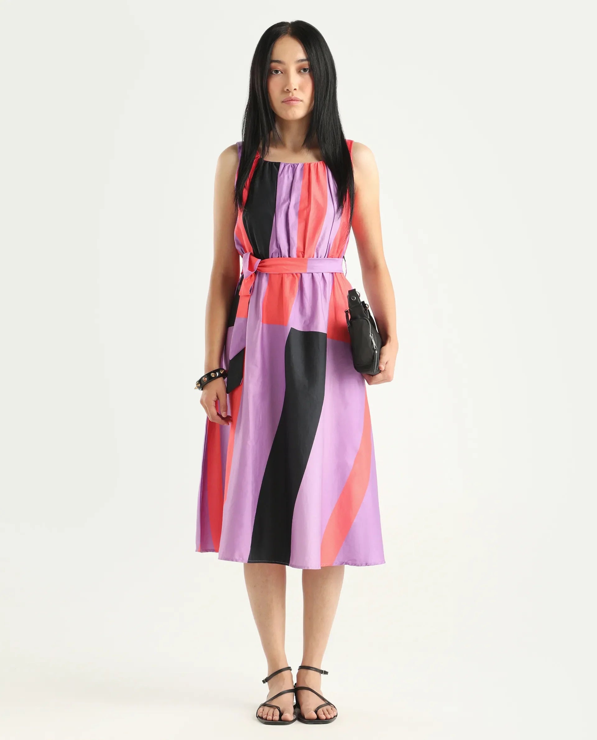 Rareism Women's Traut Purple Cotton Crew Neck Striped Sleeveless Knee Length Regular Fit Dress