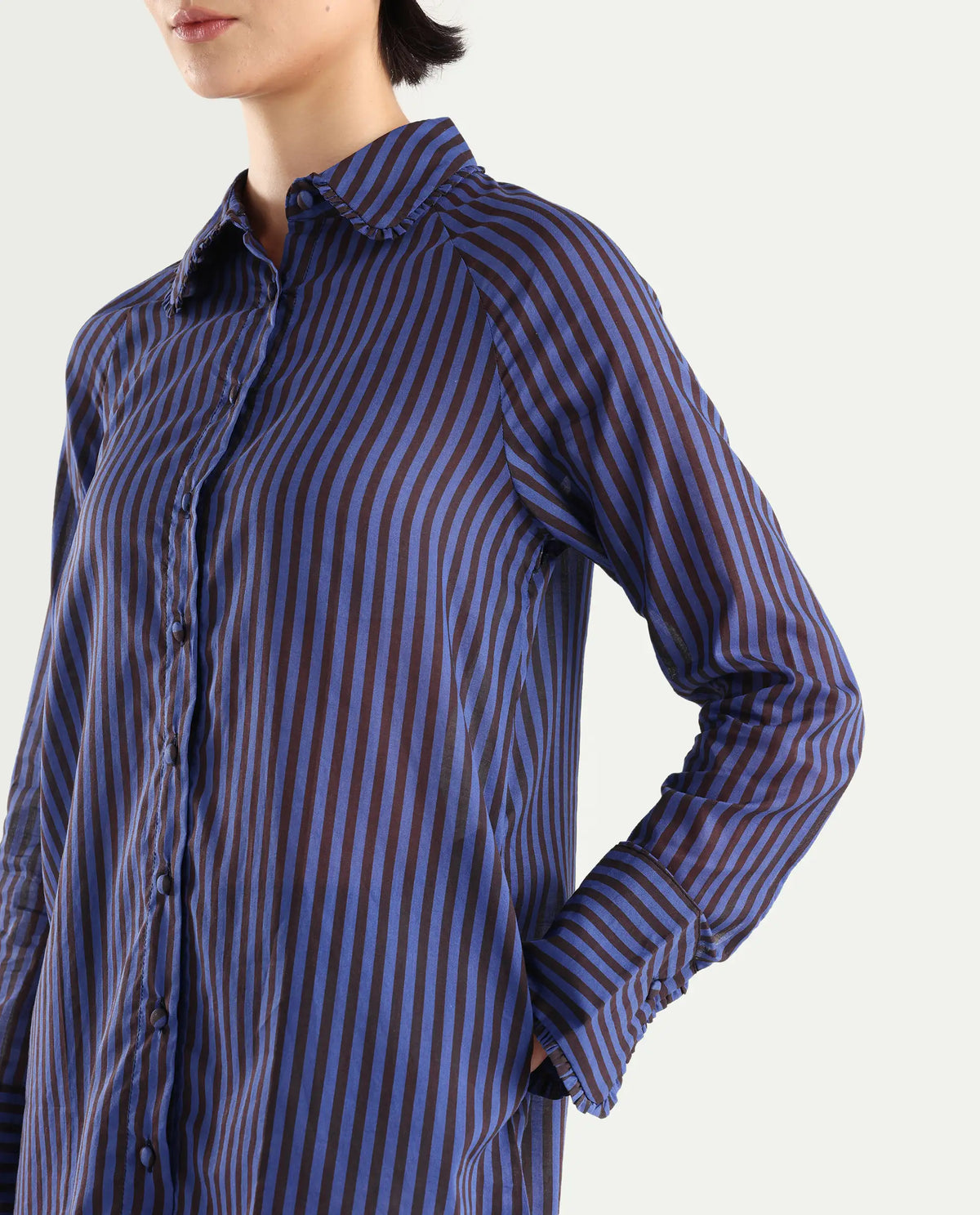 Rareism Women's Treasure Blue Cotton Spread Collar Striped Relaxed Fit Shirt