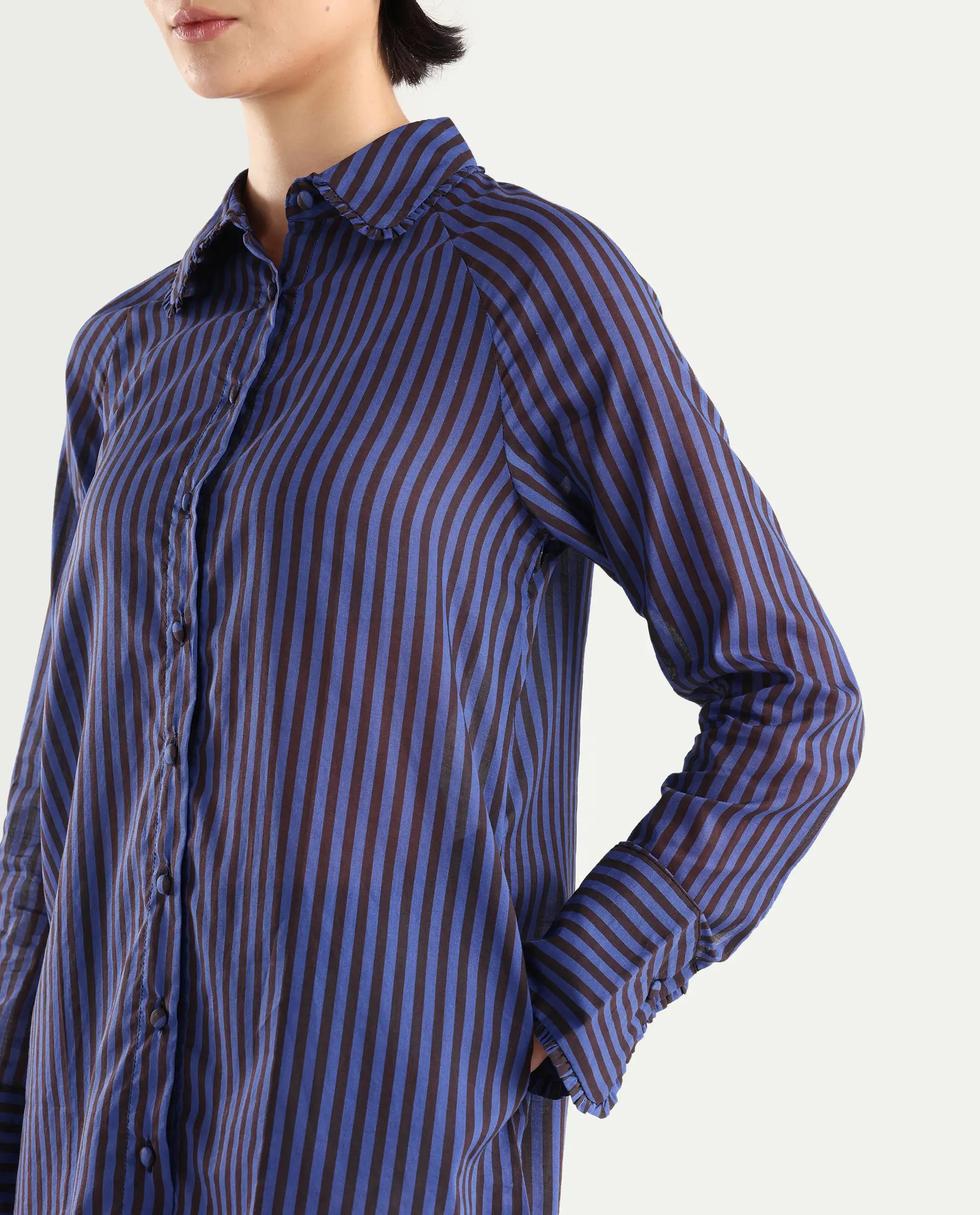 Rareism Women's Treasure Blue Cotton Spread Collar Striped Relaxed Fit Shirt
