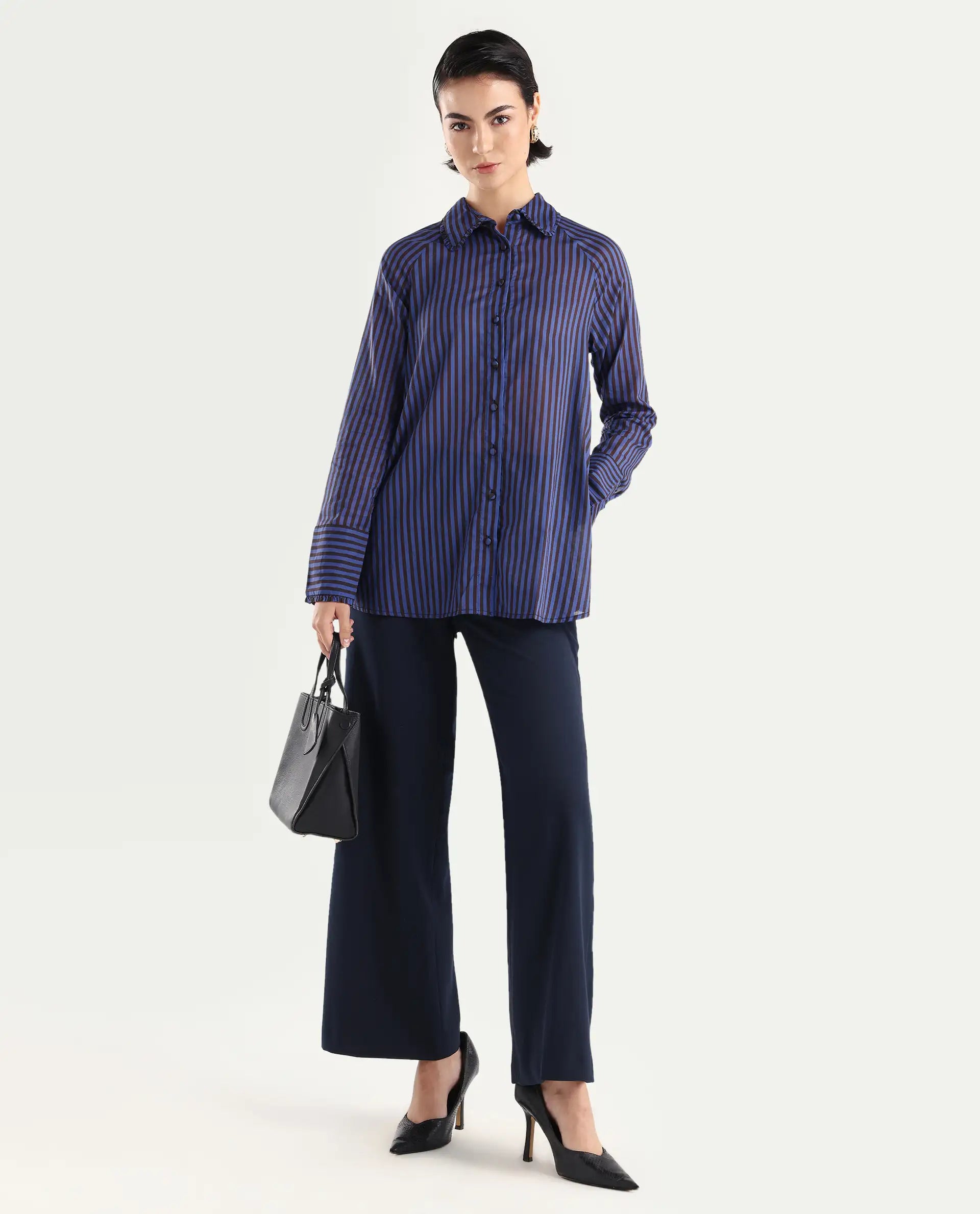 Rareism Women's Treasure Blue Cotton Spread Collar Striped Relaxed Fit Shirt