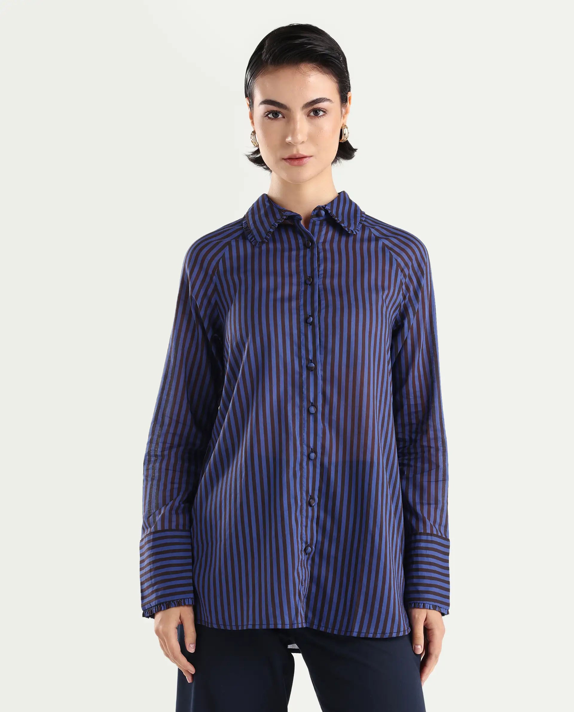 Rareism Women's Treasure Blue Cotton Spread Collar Striped Relaxed Fit Shirt