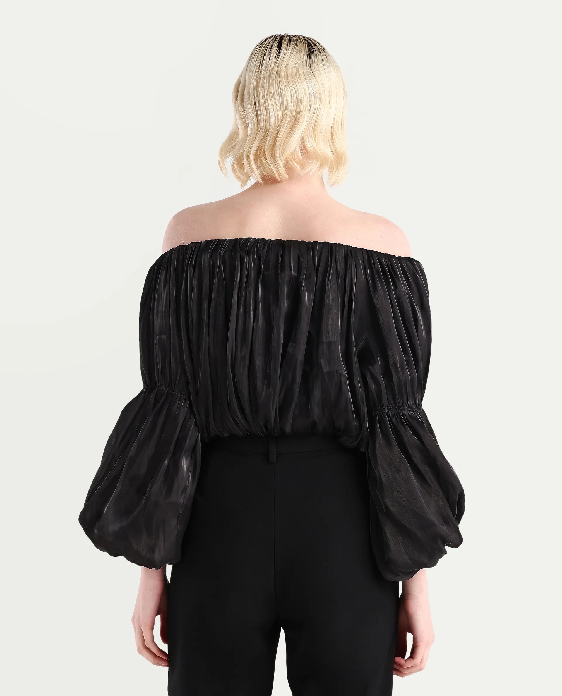 Rareism Women's Trese Black Polyester Plain Fashion Sleeve Crop Regular Fit Top