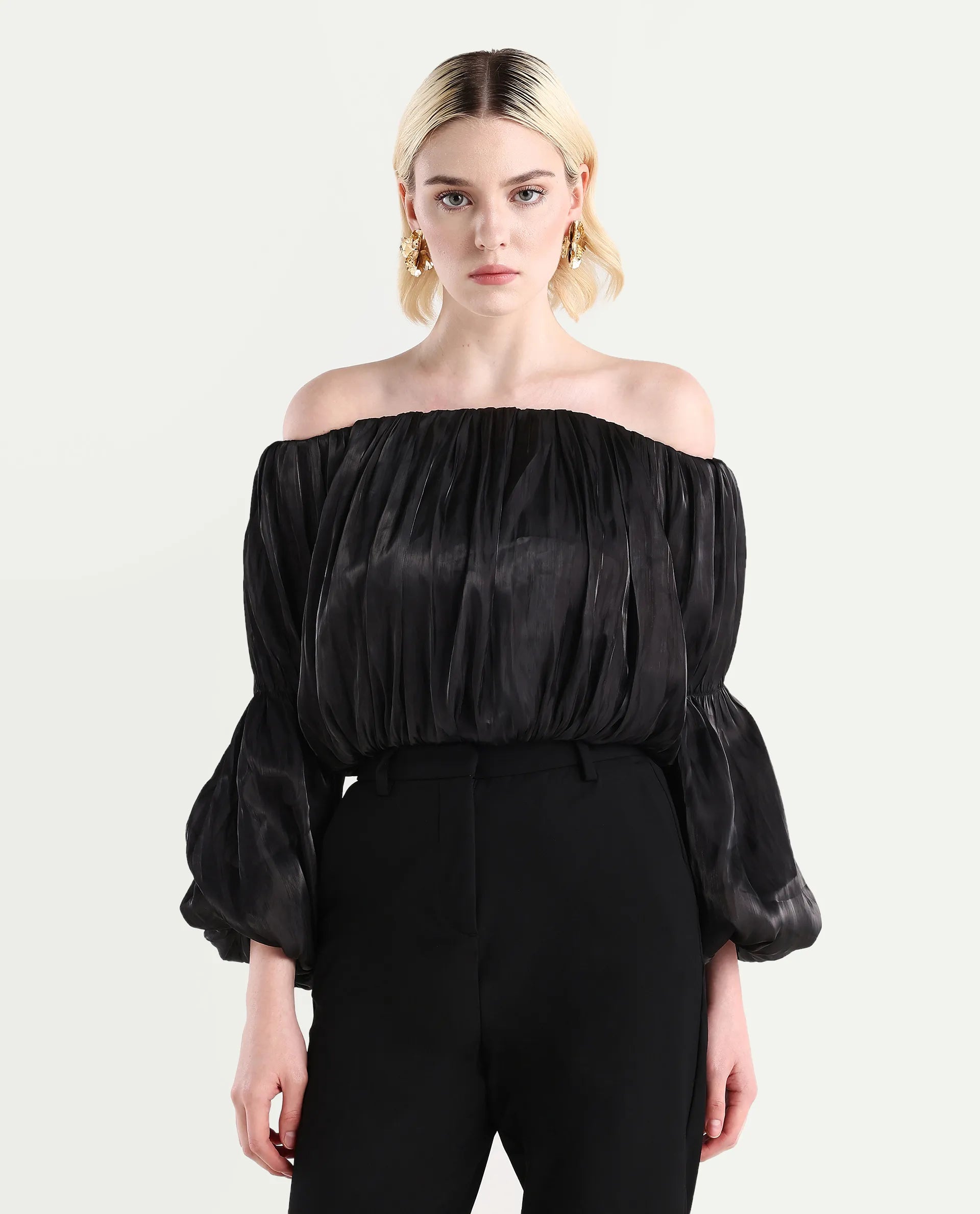 Rareism Women's Trese Black Polyester Plain Fashion Sleeve Crop Regular Fit Top