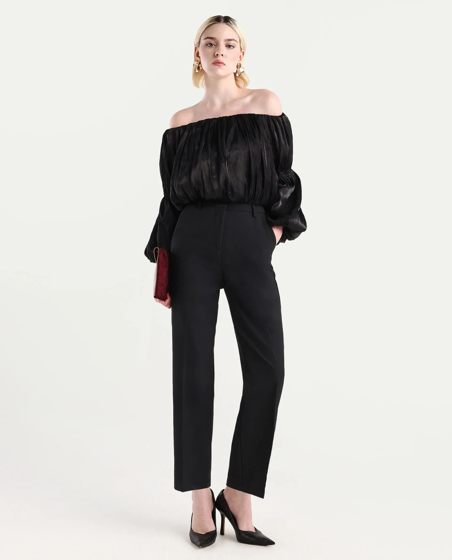 Rareism Women's Trese Black Polyester Plain Fashion Sleeve Crop Regular Fit Top