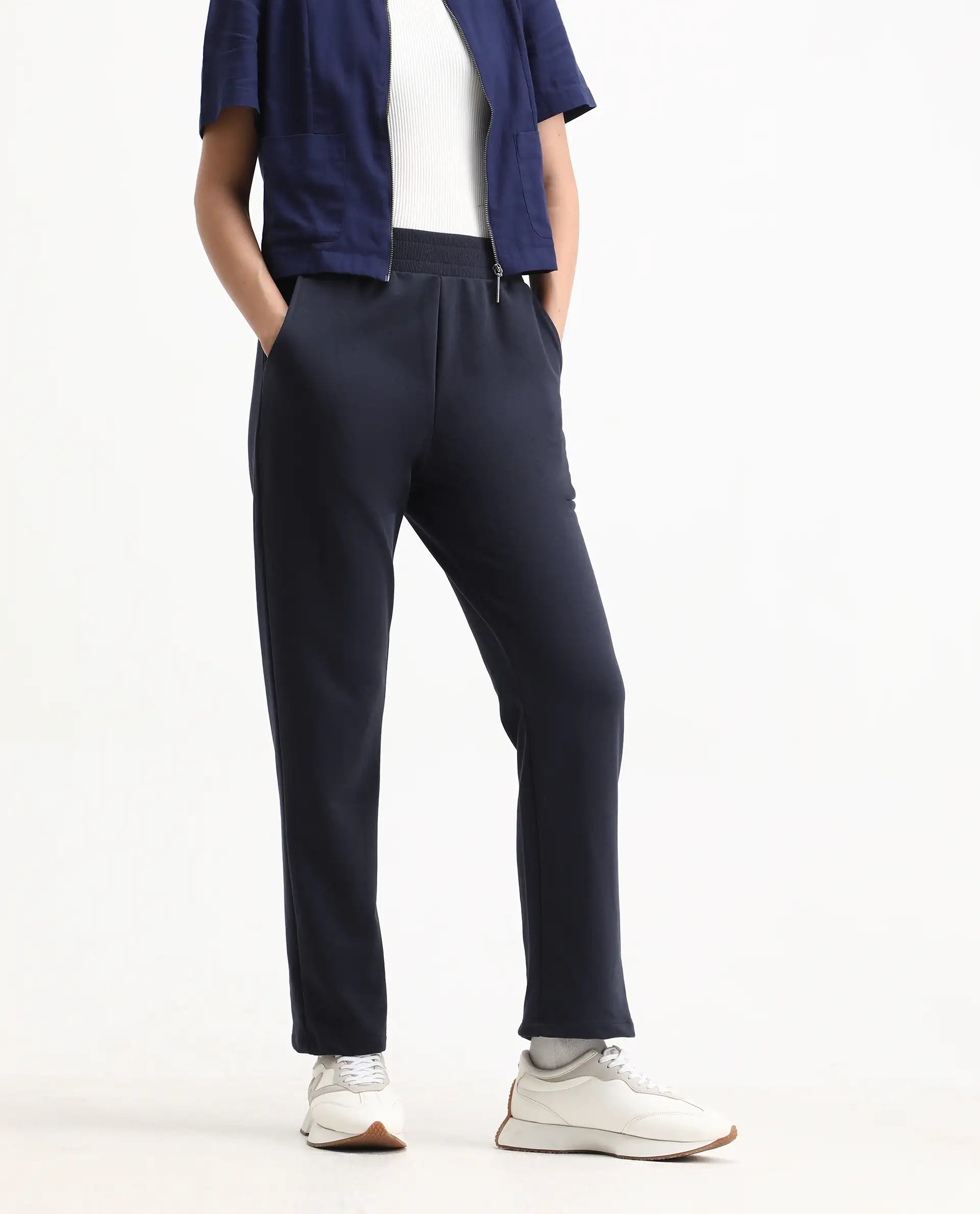 Rareism Women's Tribon Navy Cotton Blend Straight Fit Track Pant