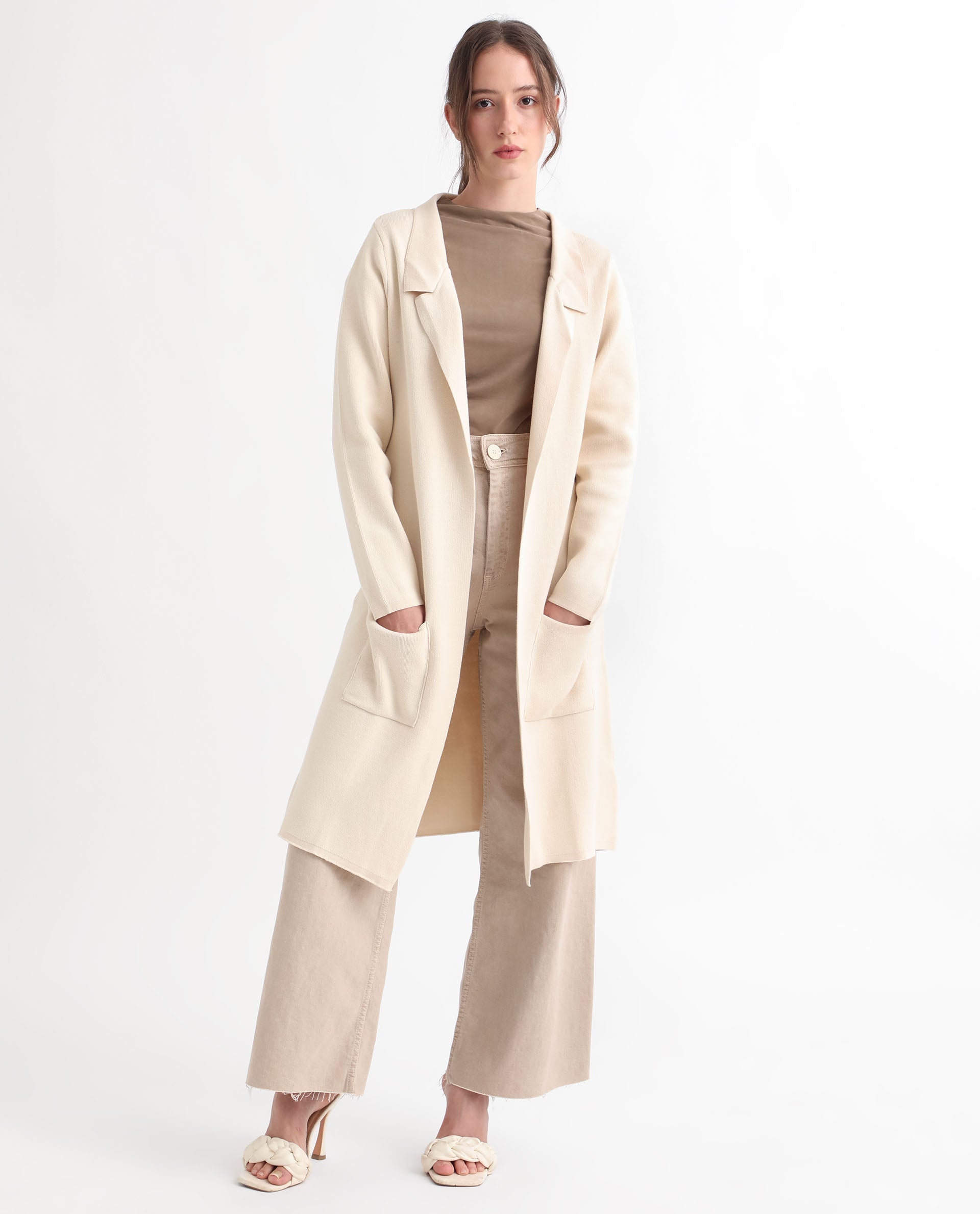 Rareism Women Trident Beige Cotton Fabric Full Sleeves Knee Length Regular Fit Solid Lapel Neck Sweater