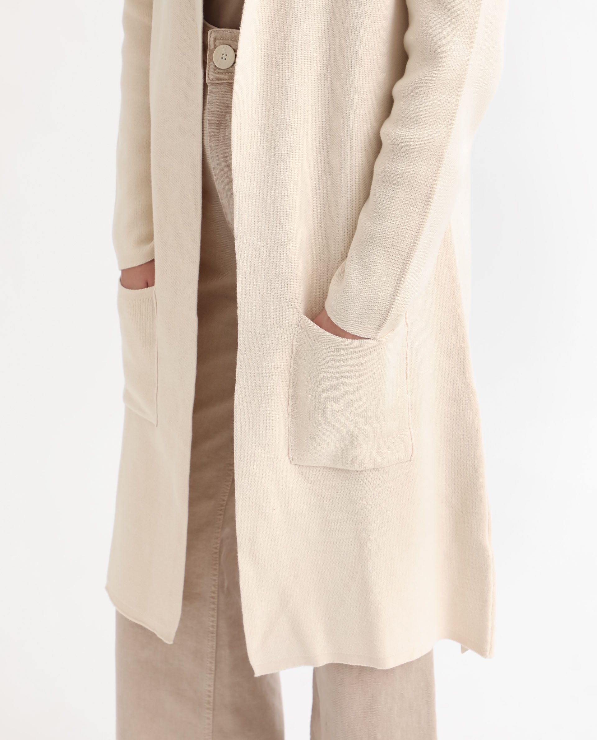 Rareism Women Trident Beige Cotton Fabric Full Sleeves Knee Length Regular Fit Solid Lapel Neck Sweater