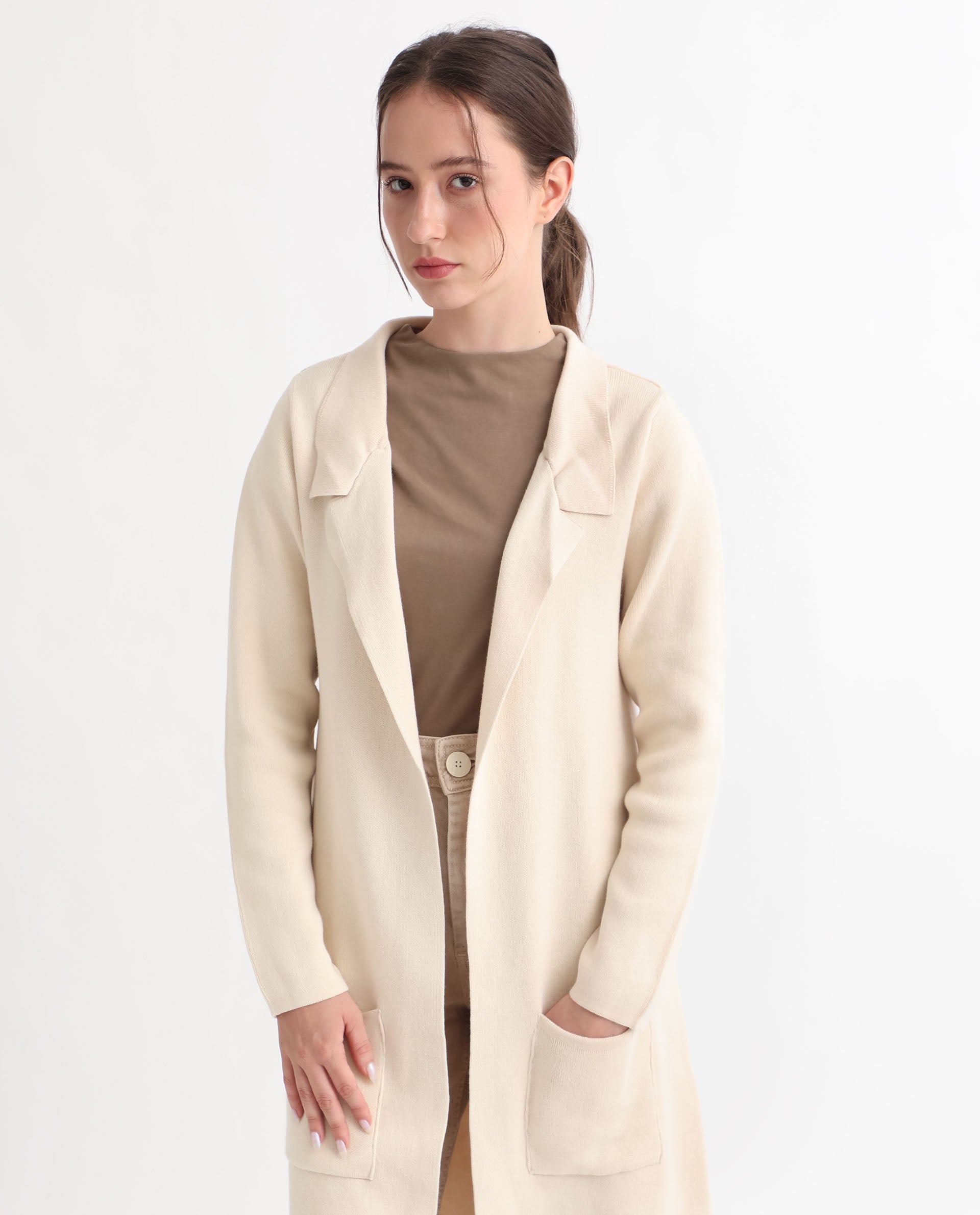 Rareism Women Trident Beige Cotton Fabric Full Sleeves Knee Length Regular Fit Solid Lapel Neck Sweater