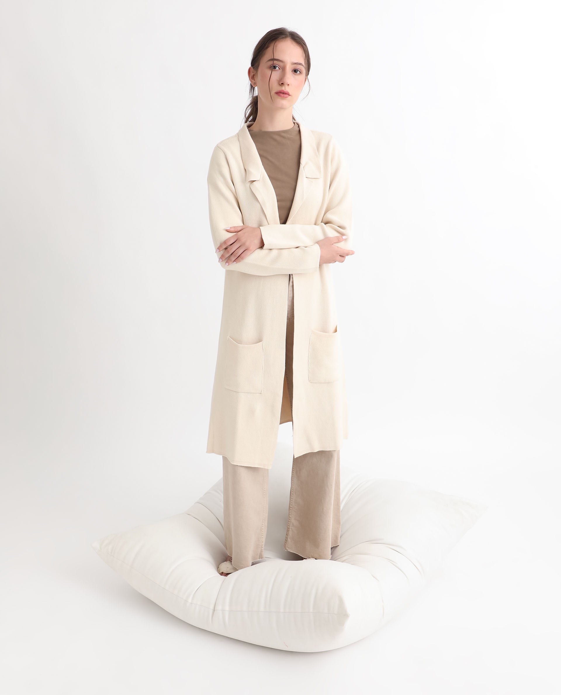 Rareism Women Trident Beige Cotton Fabric Full Sleeves Knee Length Regular Fit Solid Lapel Neck Sweater